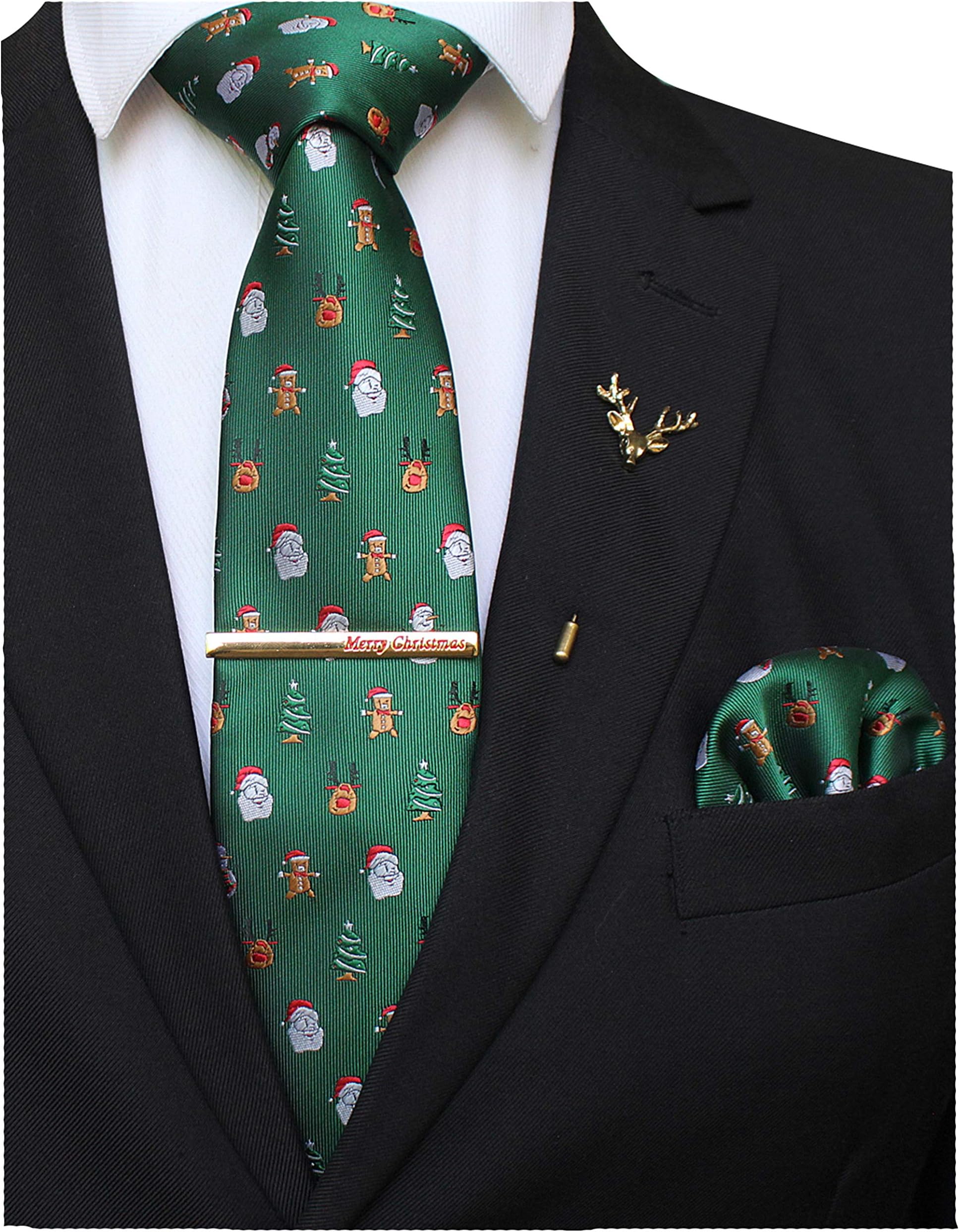 Festival Christmas Tie and Pocket Square with Tie Clip and lapel pin Set