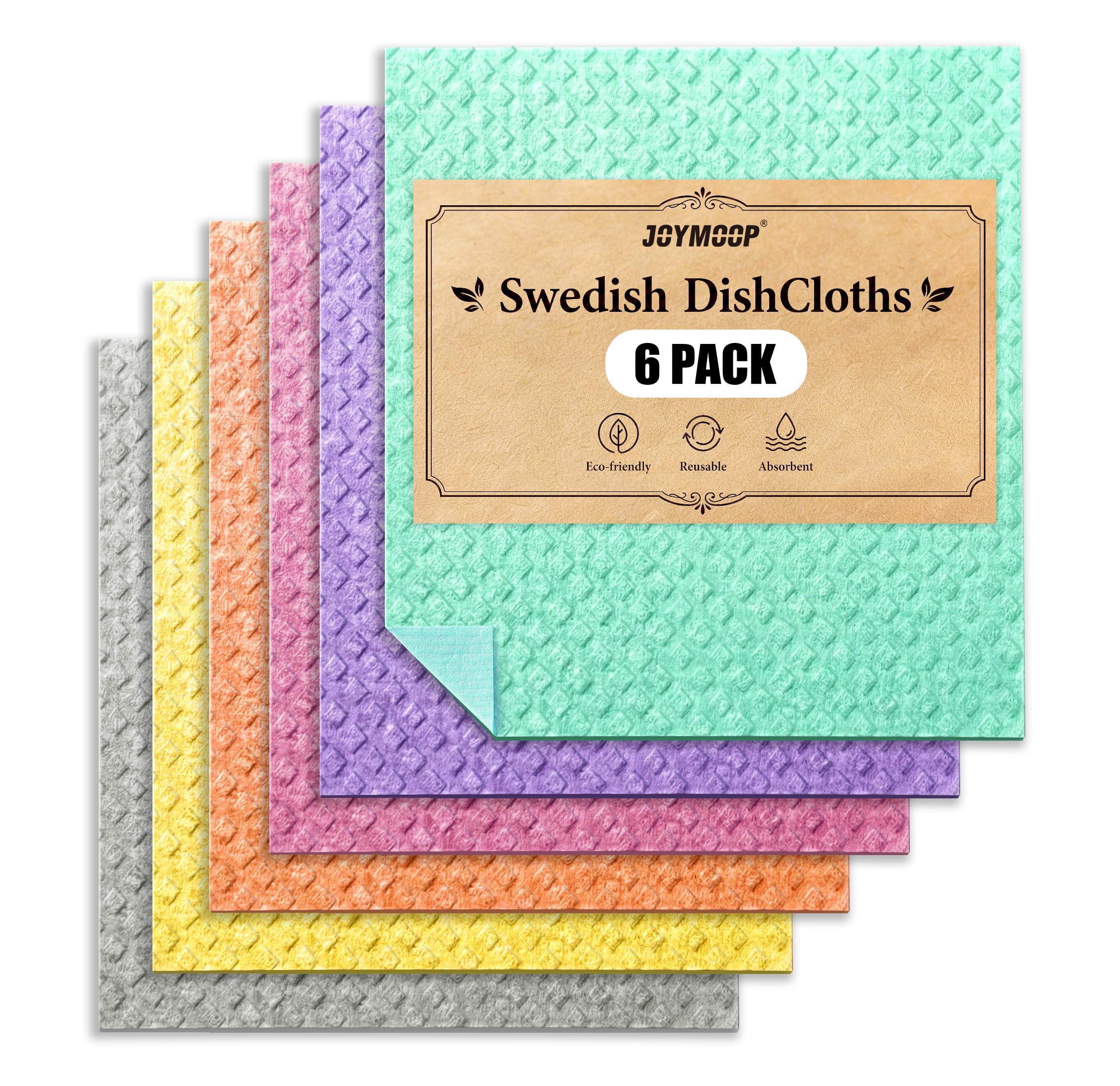 JOYMOOP Swedish Dishcloths, Cellulose Cotton Sponge Cloths, Multicolor, 8x7 Inches, 6 Pack, Diamond Pattern, Super Absorbent, Quick Dry, Odor Resistant, Lint Free, Scratch Free