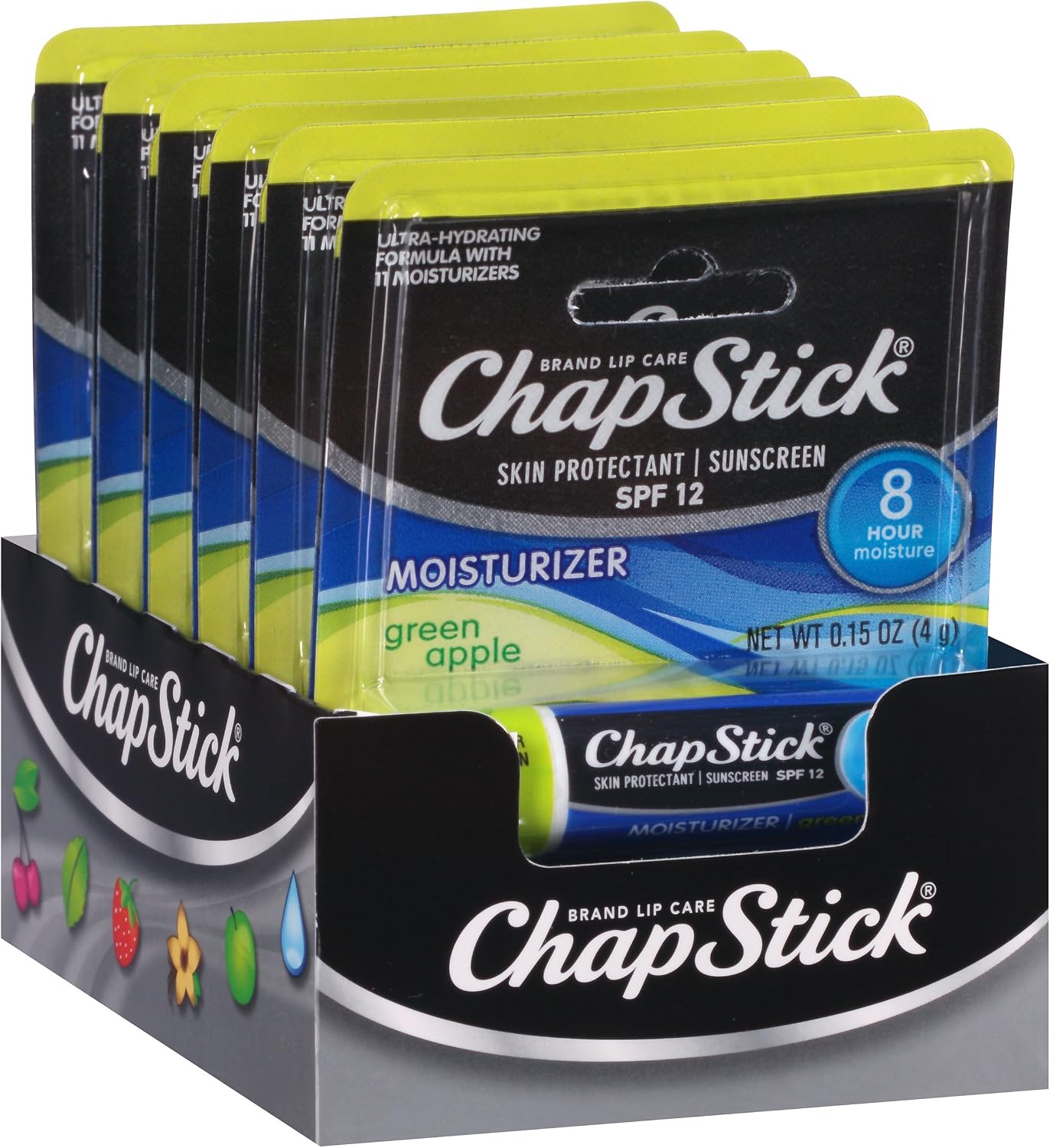 ChapStick SPF 12 Sunscreen, Moisturizer and Skin Protectant,Green Apple 0.15 Ounce Stick, 6 Count (Pack of 1)