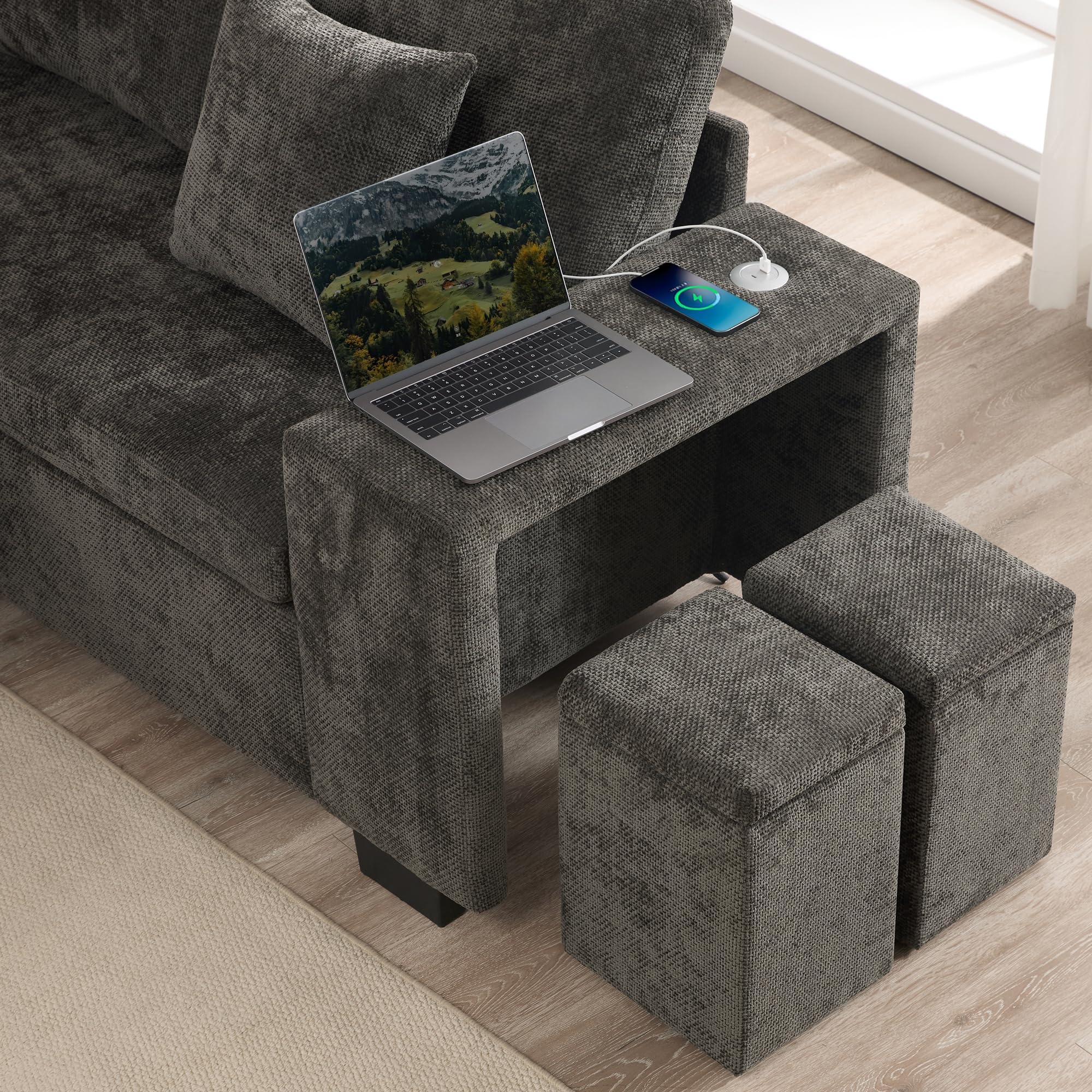 Sofa narożna z funkcją spania i miejscem do przechowywania – modułowa sofa i sofa z funkcją spania, USB-C, uchwyt na napoje, szenilowy, w zestawie poduszki, do salonu, kina domowego, szara