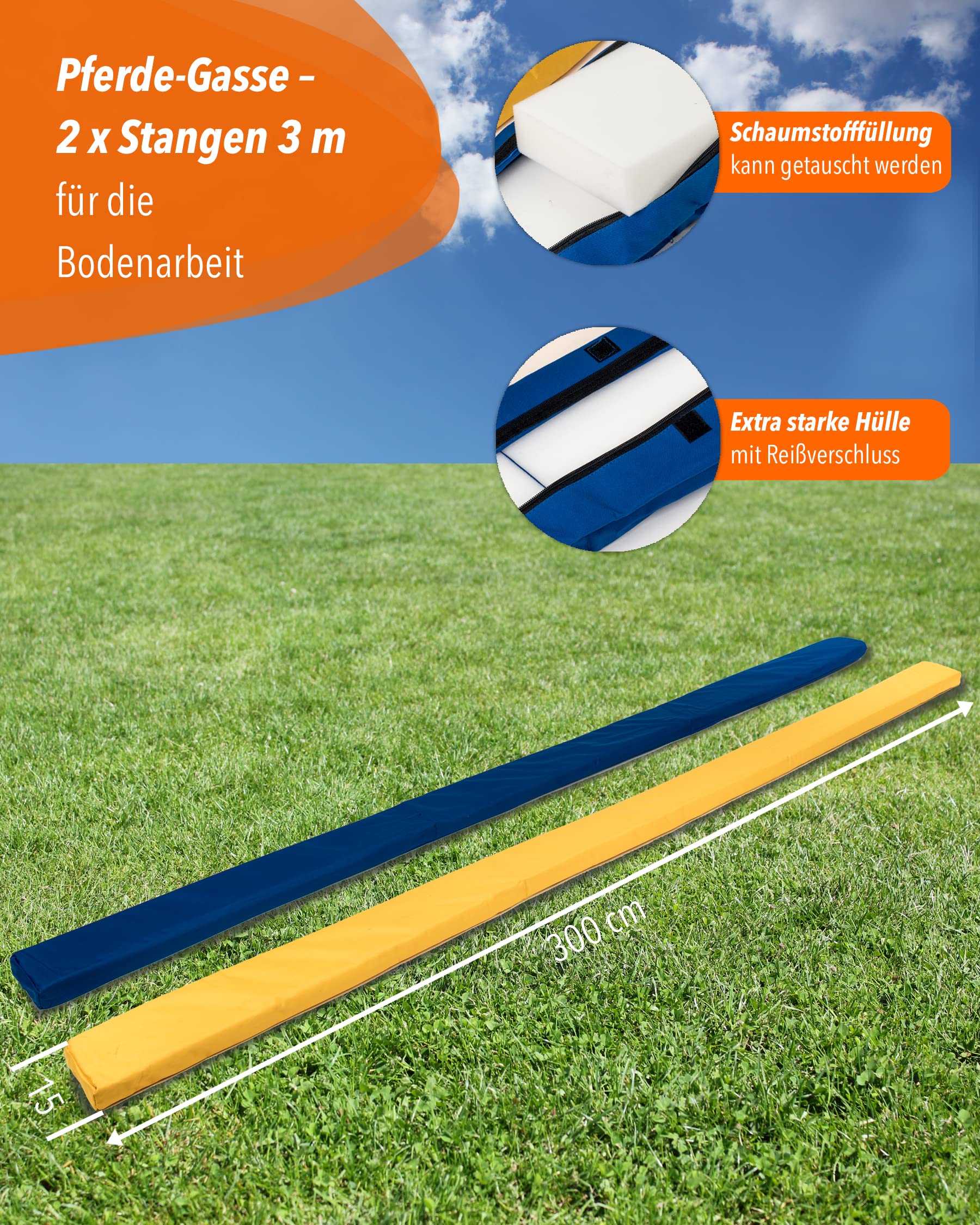 Pferde-Gassen 2er-Set – Bodenarbeitsstangen 300 cm aus Schaumstoff, Blau & Gelb, für sicheres Mental- und Koordinationstraining