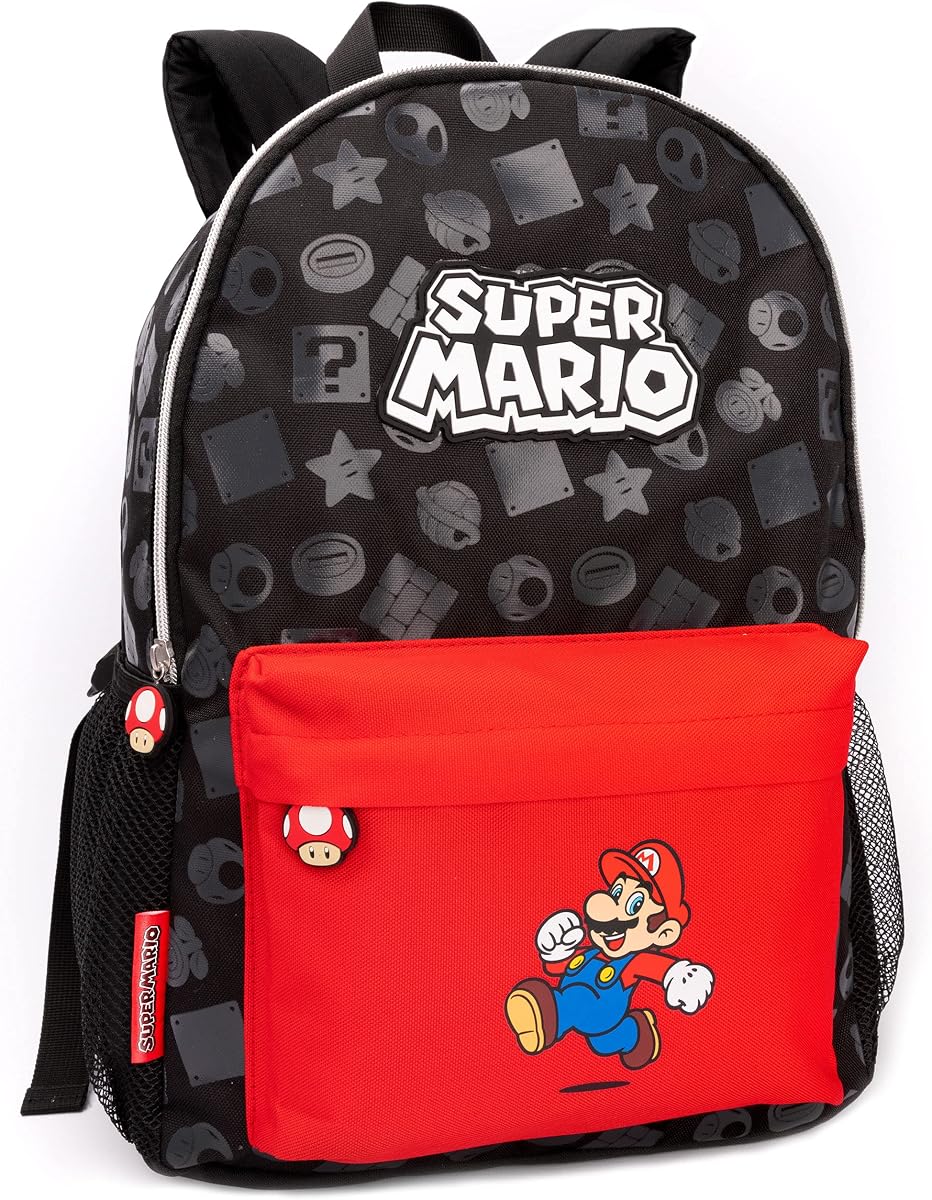 Super Mario Backpack For Boys & Girls | Kids Toad Mushroom Black School Rucksack 16 Inch | Gamer Bag With Adjustable Straps
