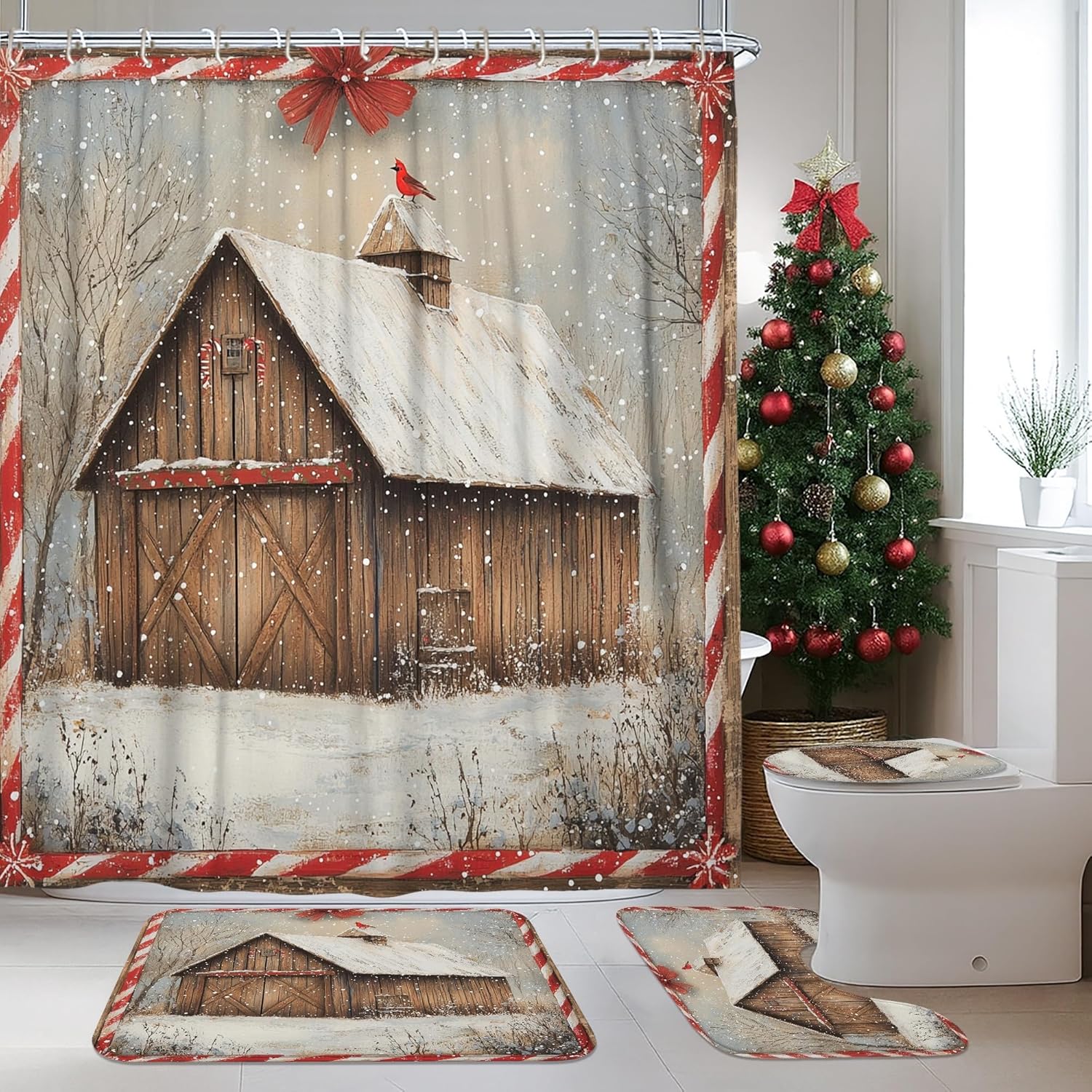 4PCS Winter Farmhouse Christmas Bathroom Sets, Bath with Non-Slip Rug, U Shape Toilet Lid Cover Mat, Country Barn Xmas Bathroom Decor-72''x72''