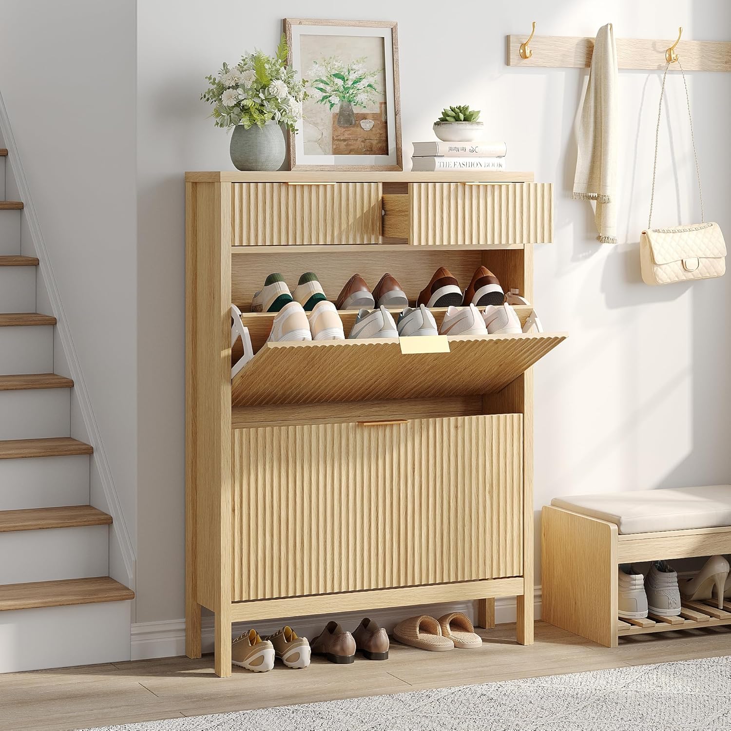 Fluted Shoe Storage Cabinet with 2 Flip Drawers & 2 Storage Drawers, Narrow Hidden Shoe Rack Organizer with Adjustable Shelf, Freestanding Slim Shoe Cabinet Storage for Entryway, Hallway, Foyer, Oak