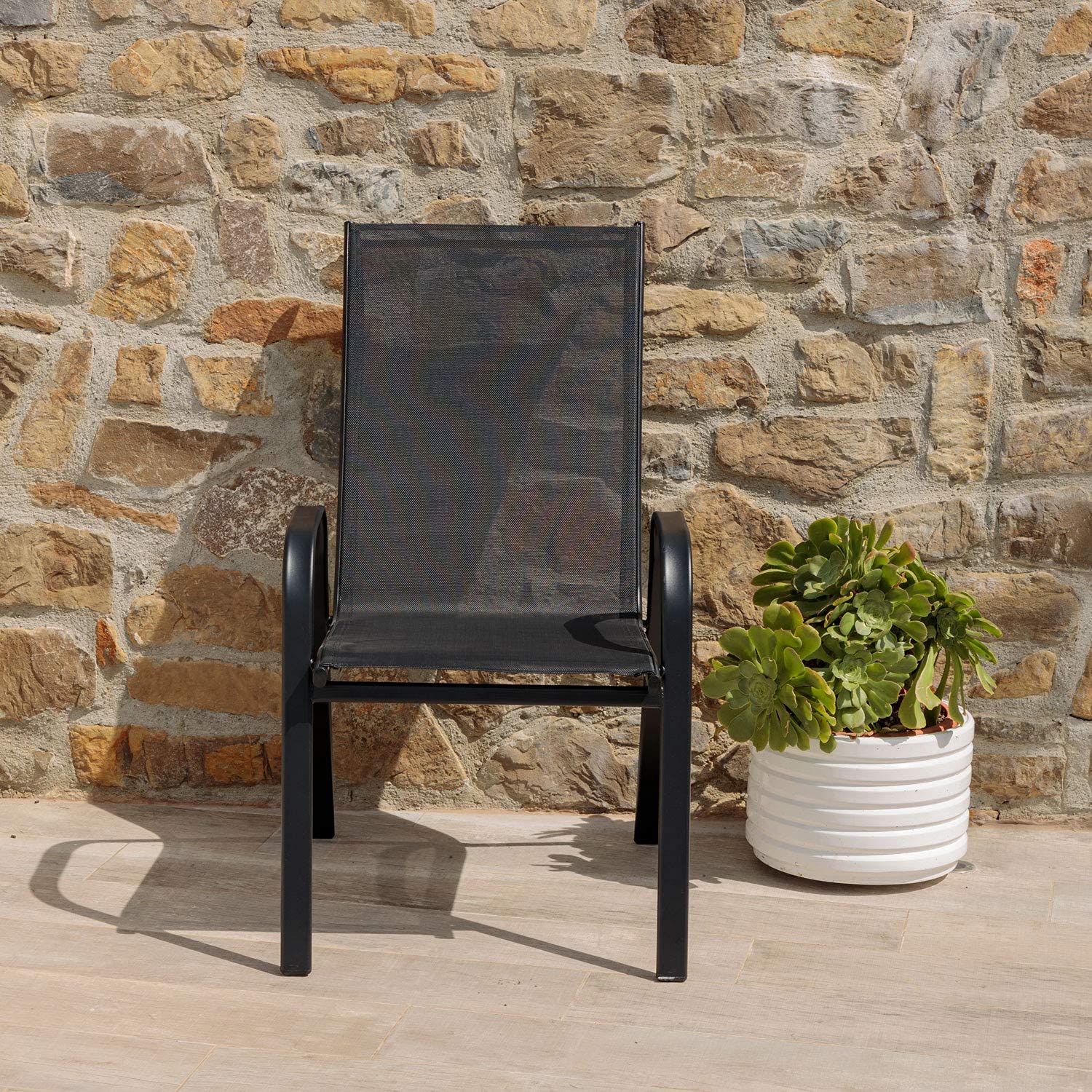 Baroni Home Set Sedie da Giardino con Schienale Alto, Sedie da Esterno per Giardino, Terrazza, Balcone, Veranda, Piscina, in Metallo e PVC, Sedie Impilabili, 91x66x54 cm, Colore Nero, 4 Pezzi