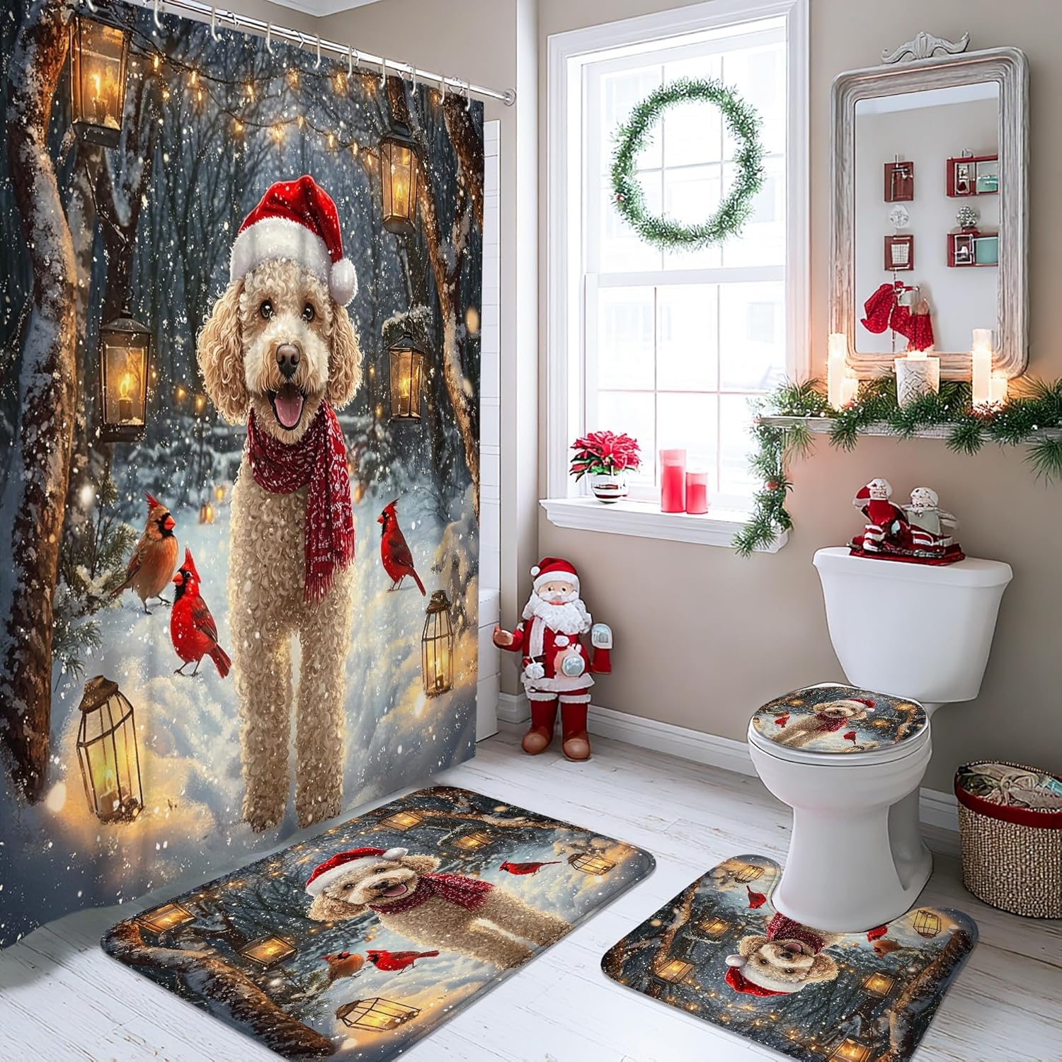 4PCS Christmas Poodle Dog Bathroom Sets, Bath with Non-Slip Rug, U Shape Toilet Lid Cover Mat, Winter Cardinal Xmas Puppy Bathroom Decor-72''x72''