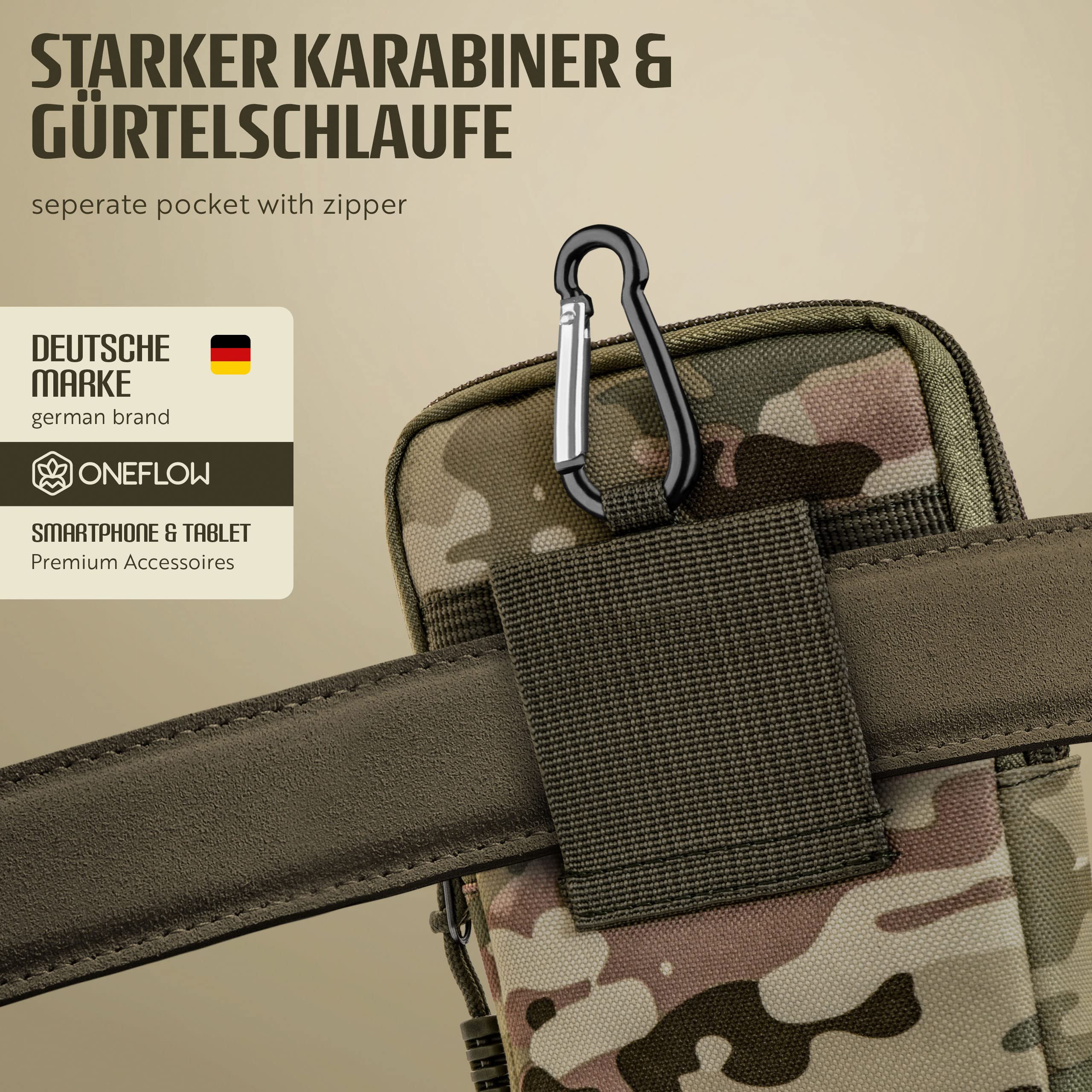 ONEFLOW - Cinturón multifunción de Nailon Oxford para Todas Las Series Samsung | Funda Universal para móvil con mosquetón – para Deportes al Aire Libre, Camuflaje Verde