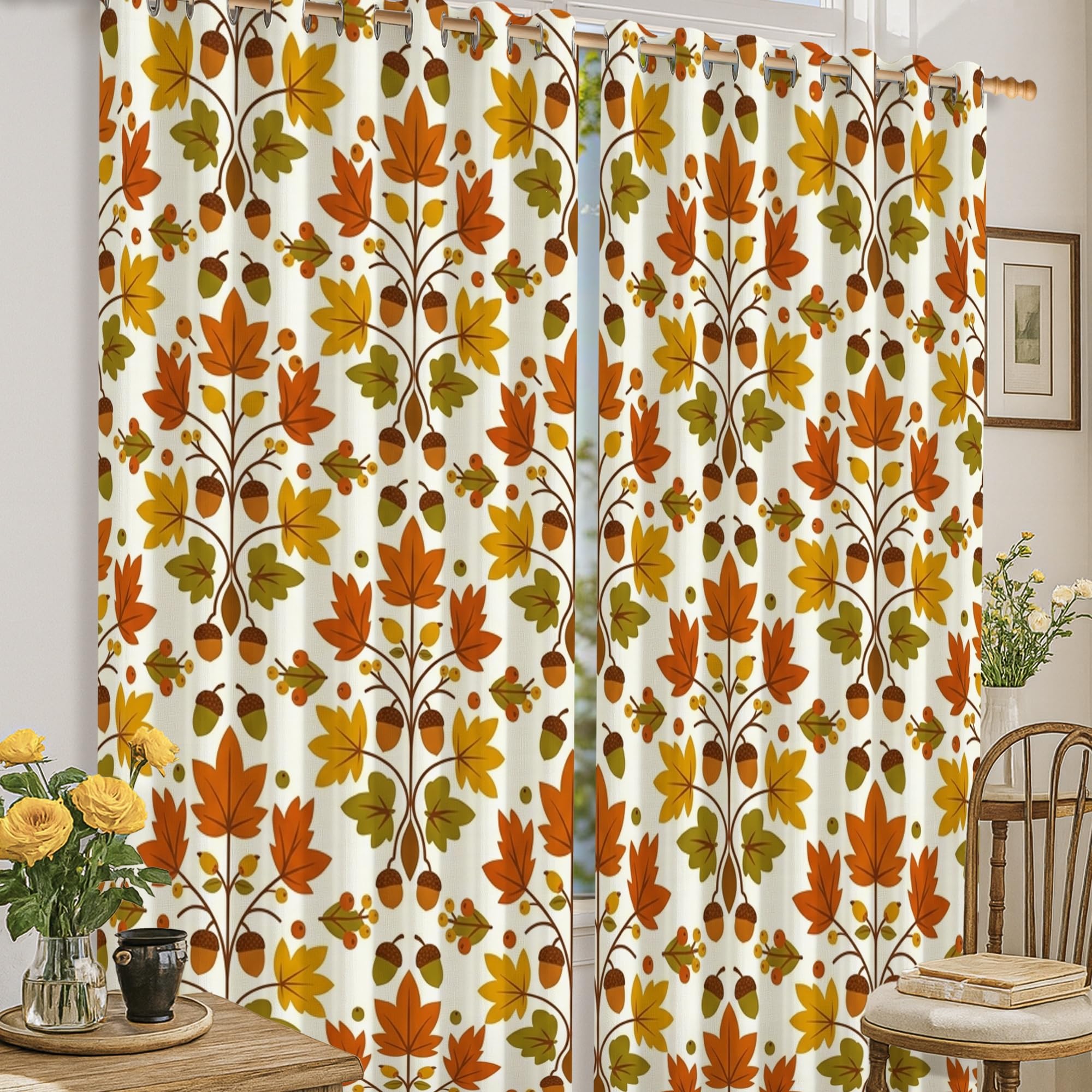 Rideaux occultants orange 132x160 cm à motif feuilles d'automne et glands