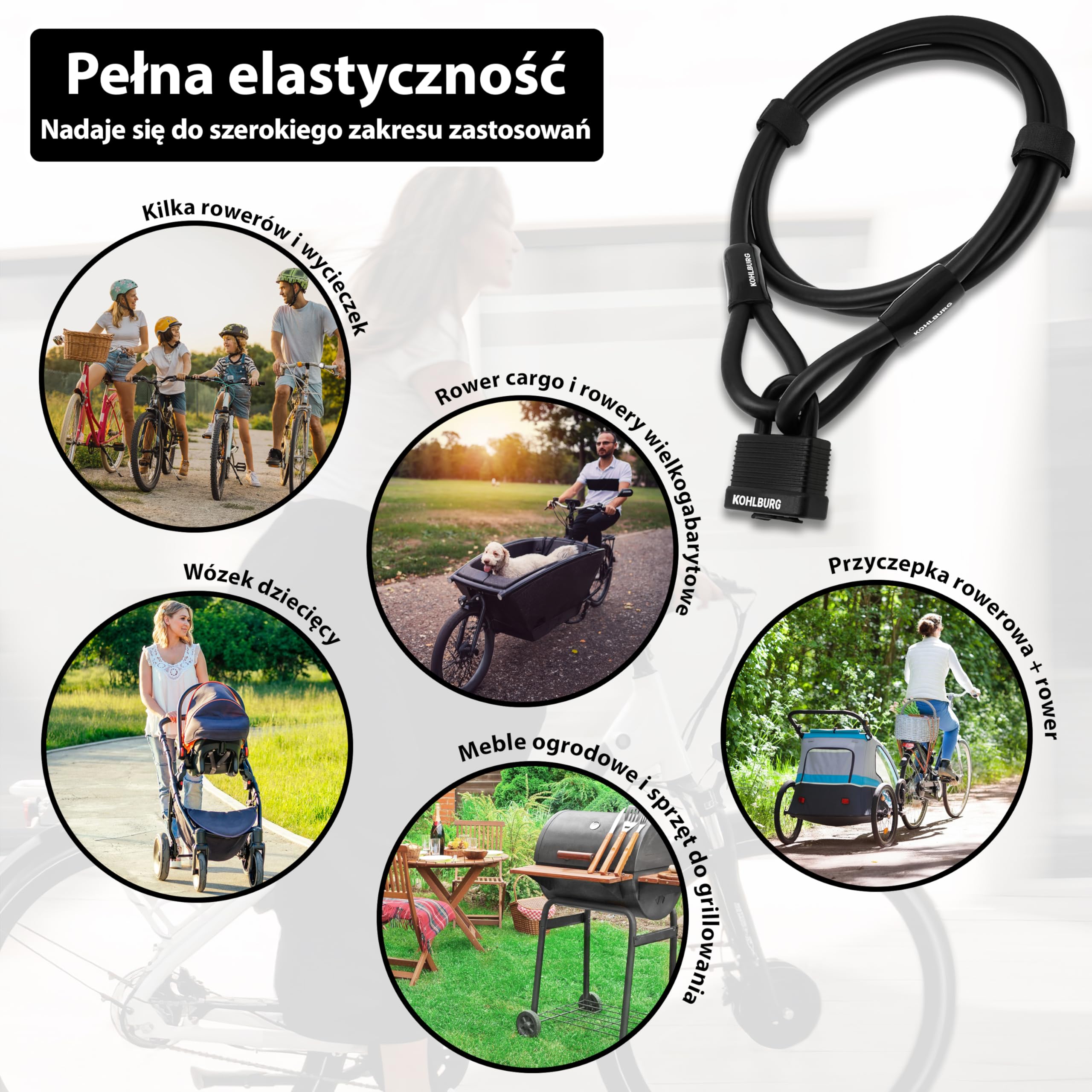 KOHLBURG Bezpieczny zamek kablowy 200 cm, 3 kluczami, Kłódka, stalowa linka | Wytrzymała, ze szlufkami, Zamek linkowy do roweru, przyczepki, wózka i mebli ogrodowych, długa blokada rowerowa