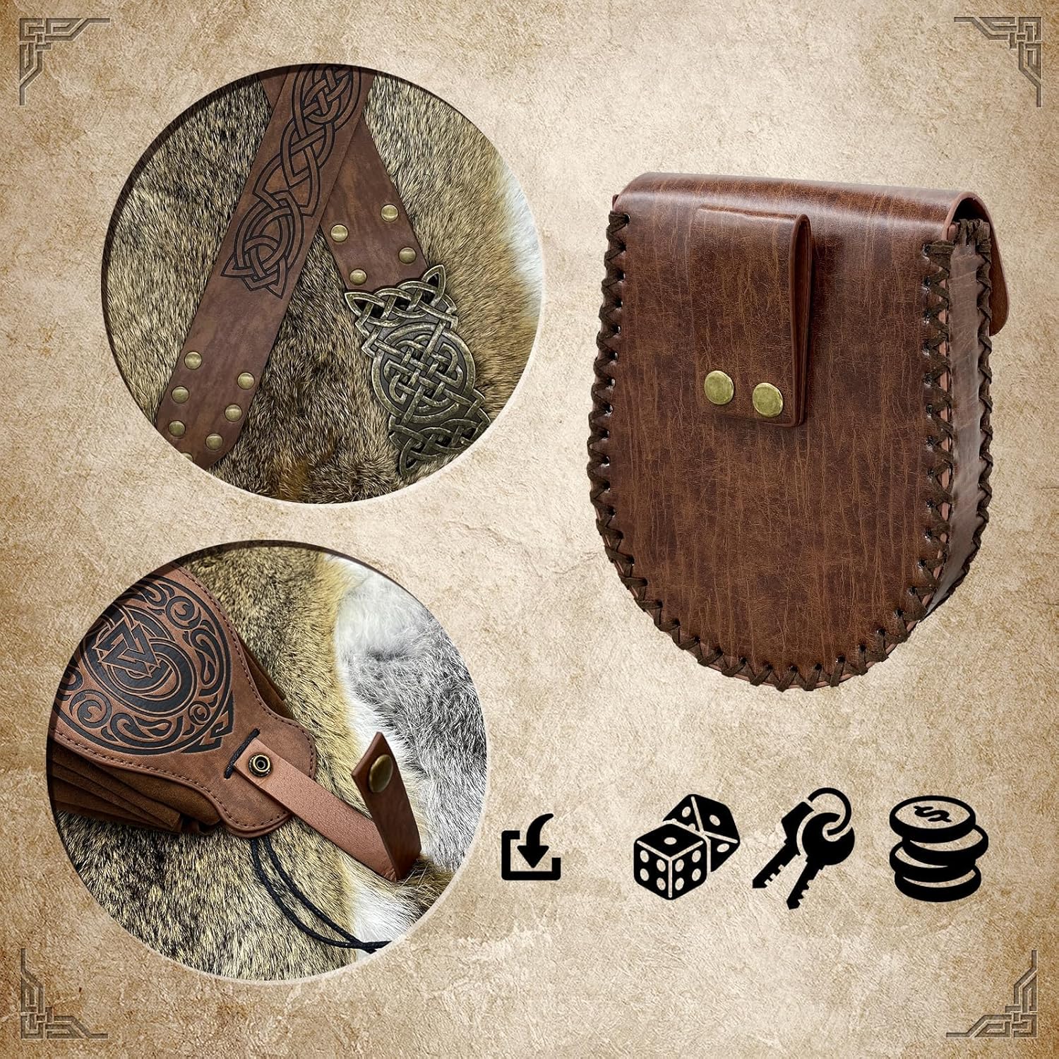 3PCs Medieval Embossed Belt Pouch Set, Viking Buckle Belt Portable Side Bag, Faux Leather Cosplay Accessories (Brown A) - Image 7