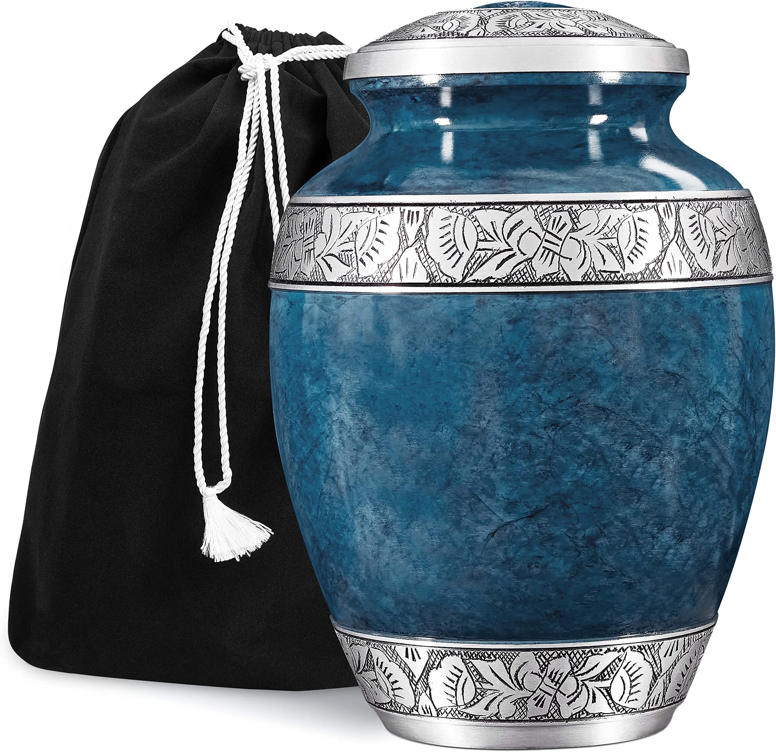 GSM Brands Cremation Urn for Adult Human Ashes - Large Handcrafted Funeral Memorial with Striking Blue Design (Aluminum - 10 Inch Height x 7 Inch Width)