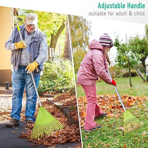 Miniatura 3 de Colwelt Rastrillo de plástico para hojas con mango de acero inoxidable ligero de 56 pulgadas, 22 dientes de plástico para cabeza y guantes de jardín
