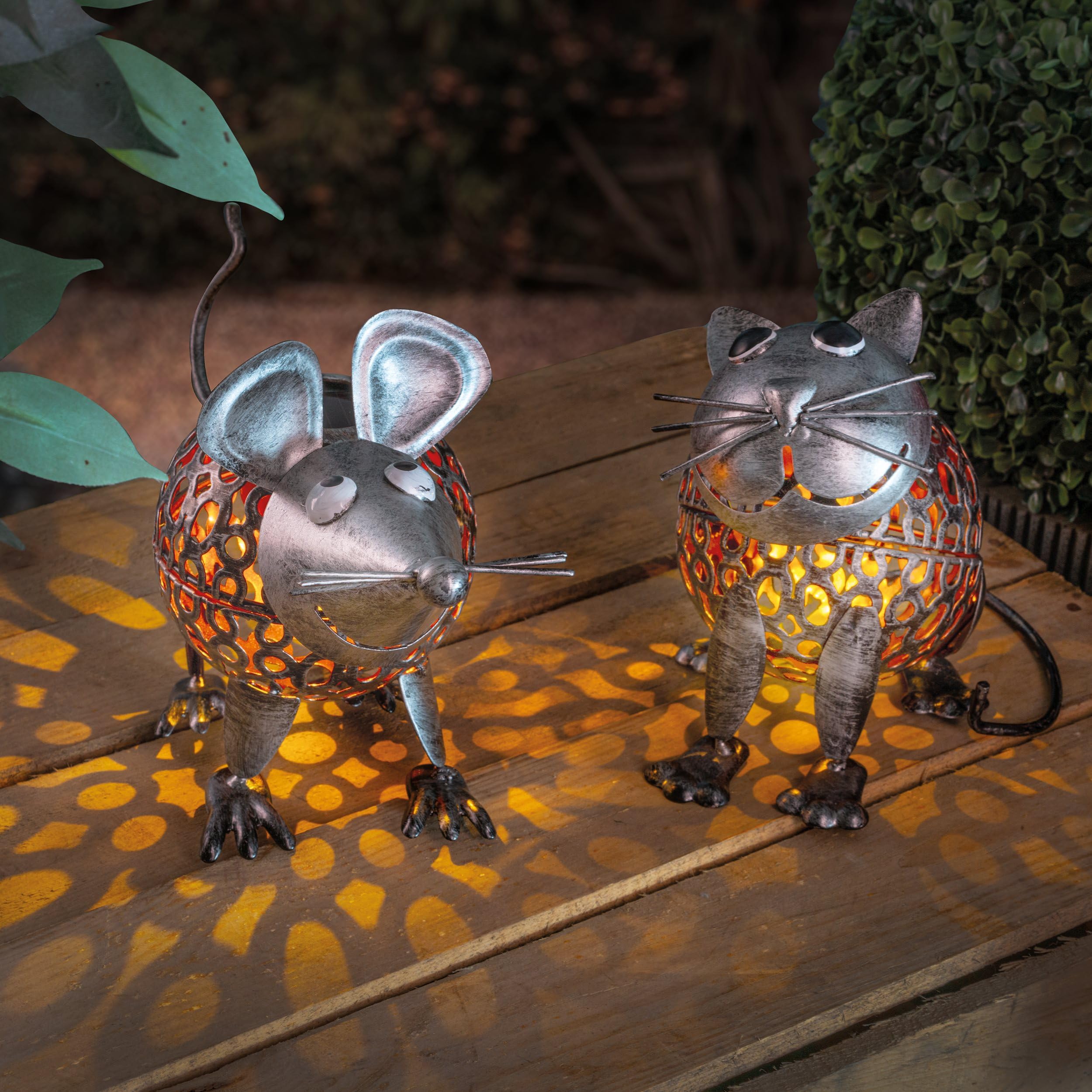 Esotec Solar Metall Figuren für den Garten Vogelpaar Katz & Maus, silberfarben, Akku, Solarmodul, LED Gartendekofigur 103100