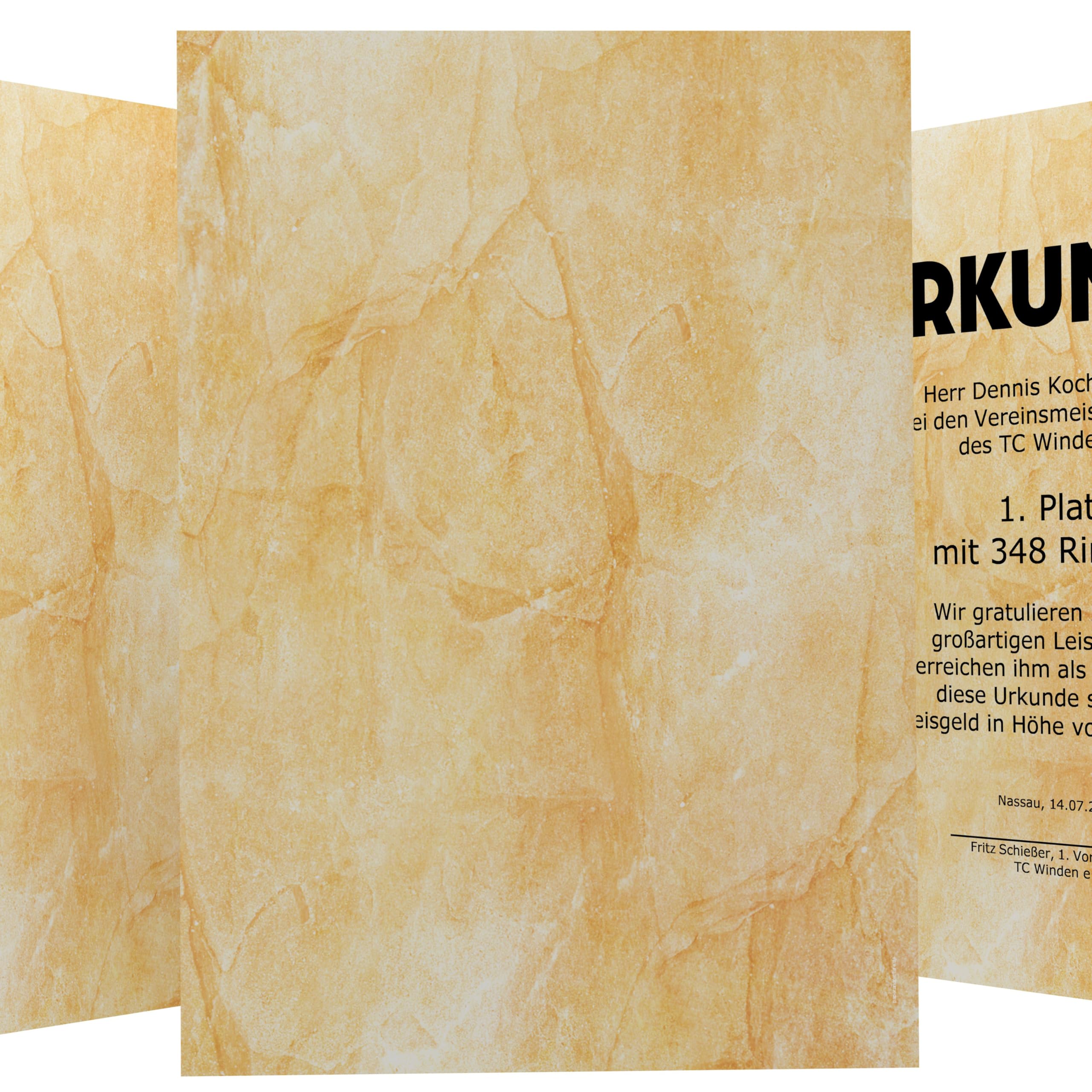 Urkundenpapier DIN A4 190g 100 Blatt „Carrara Classic“ Marmor Design beige – beidseitig bedruckt – inkl. Textvorlagen zum Download