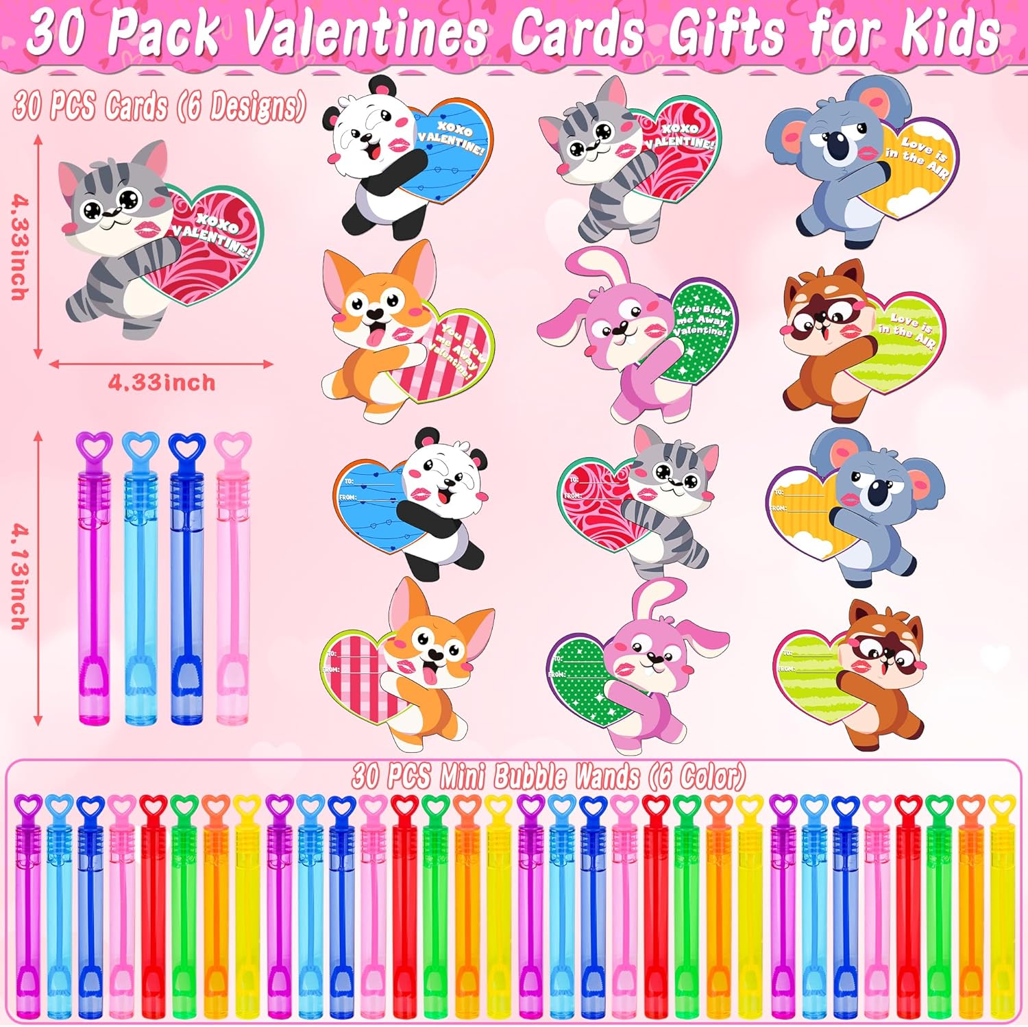30 pack valentines day gifts for kids mini bubble wands with animal valentine cards, classroom exchange favors school party prizes for class boys girls
