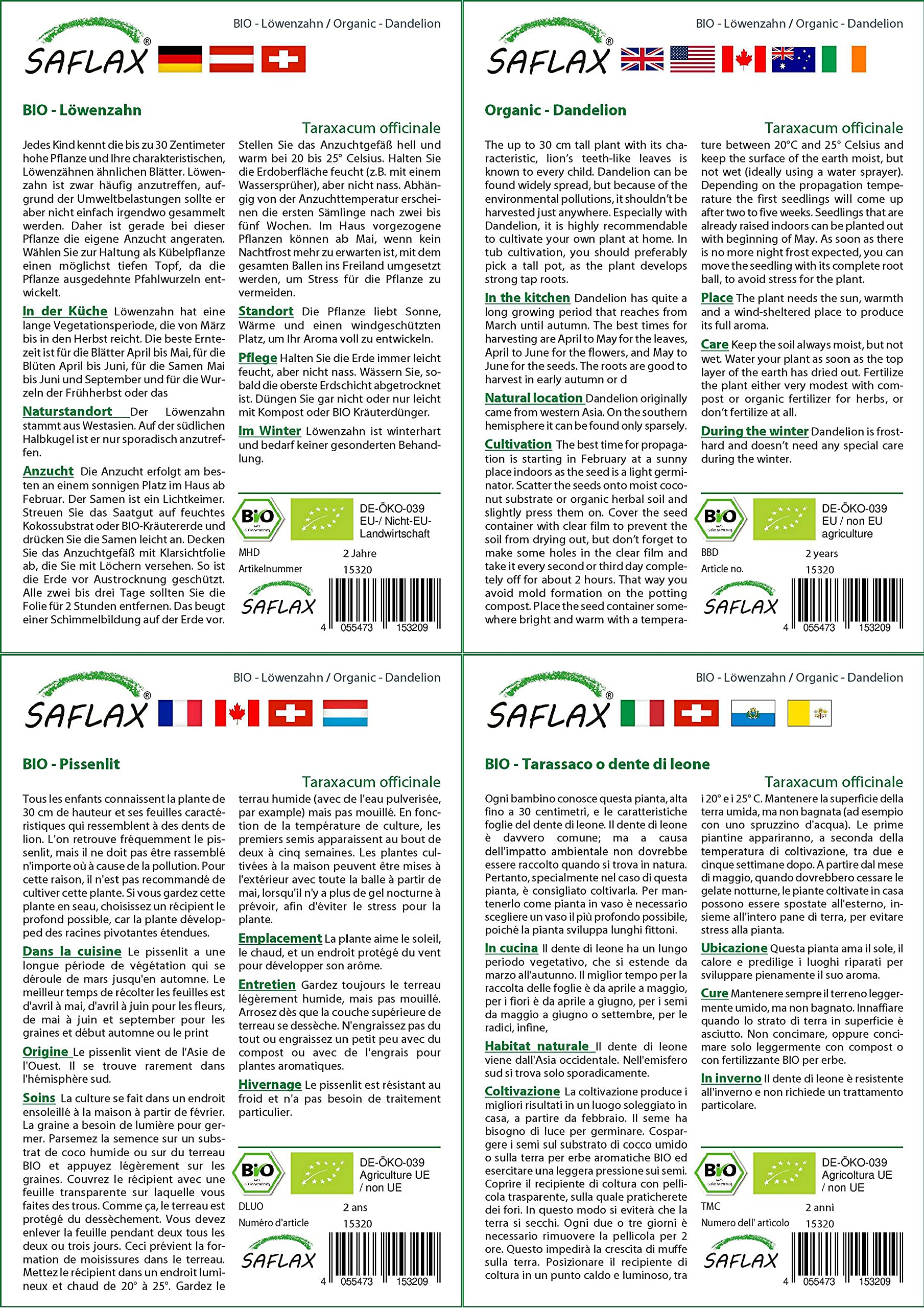 SAFLAX - Bio - Mniszek Lekarski - 400 Nasiona - Taraxacum officinale