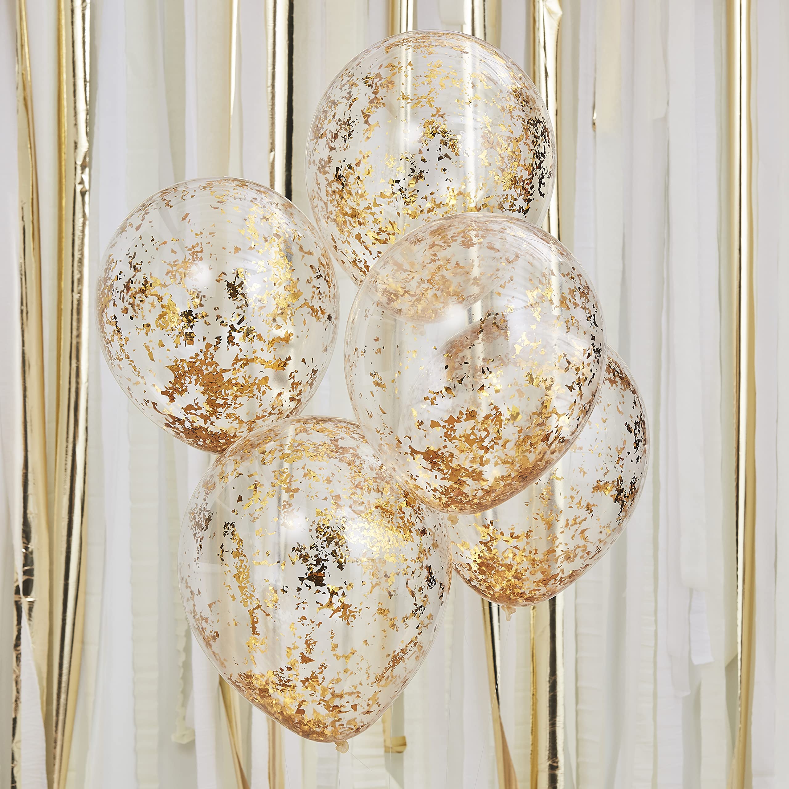 Ginger Ray Confetti Filled Balloons 5-Pieces, 12-Inch Size, Gold