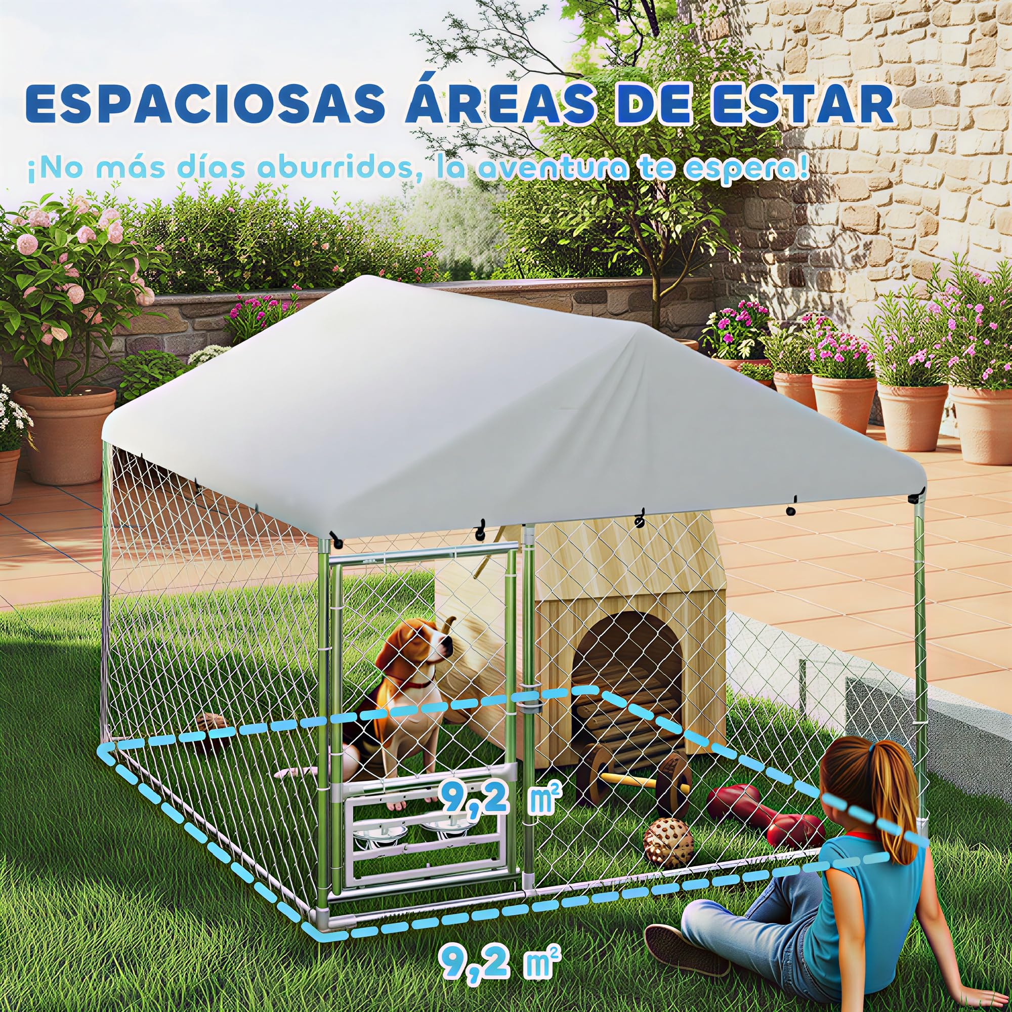 PawHut Perrera de Exterior con Techo Impermeable 2x2x1,55 m Jaula para Perros de Acero Galvanizado Soporte Ajustable y Giratorio para Comida 2 Cuencos para Perros Medianos y Pequeños