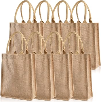 DEAYOU 8 Pack Jute Burlap Tote Bags, Burlap Gift Tote with Handles, Jute Beach Bags Reusable Lined Grocery Totes for Bridesmaid, DIY, Shopping, Pool, Wedding, 9.8x11.8x3.9, Natural