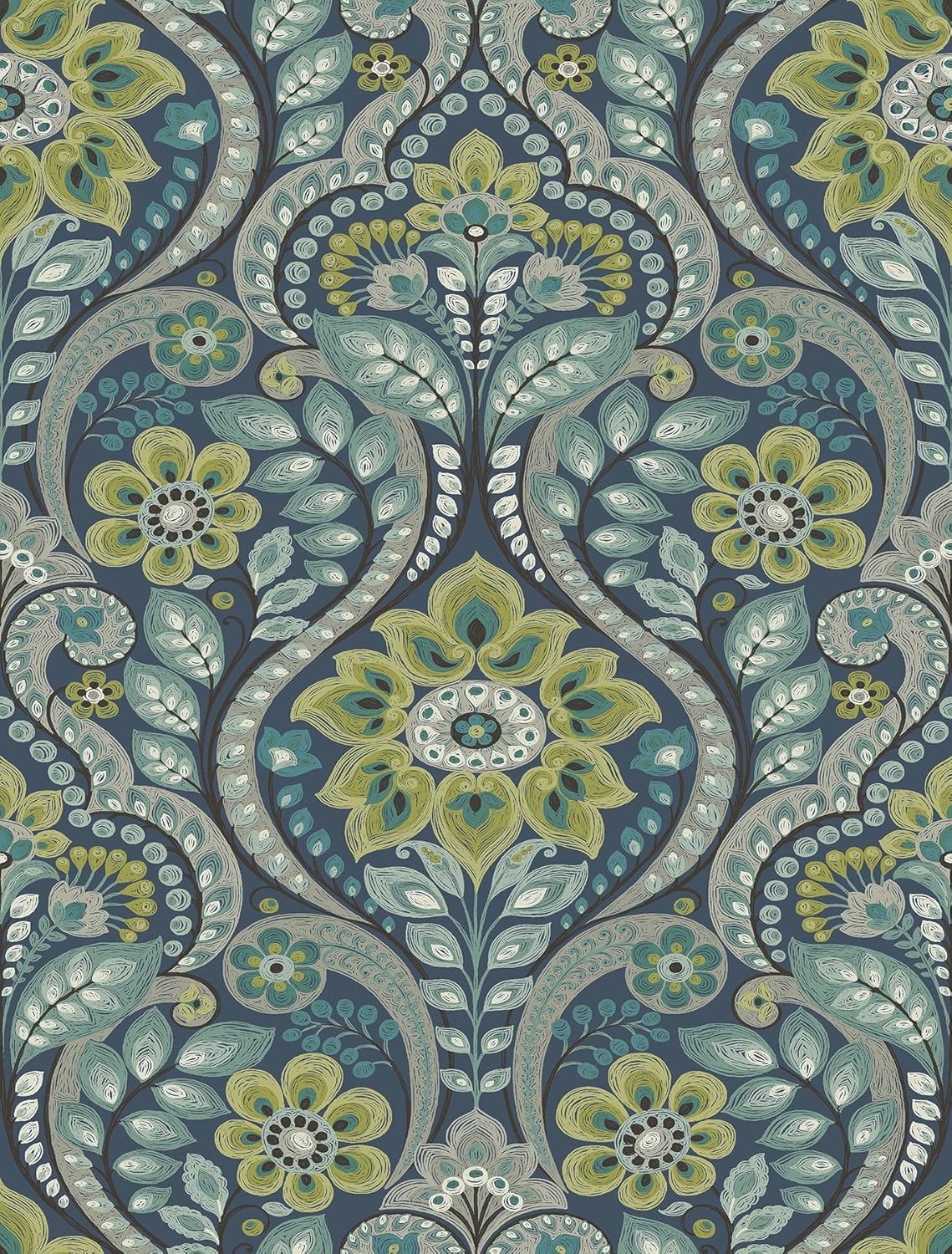 A-Street Prints 2763-12101 Night Bloom Damask Wallpaper Navy