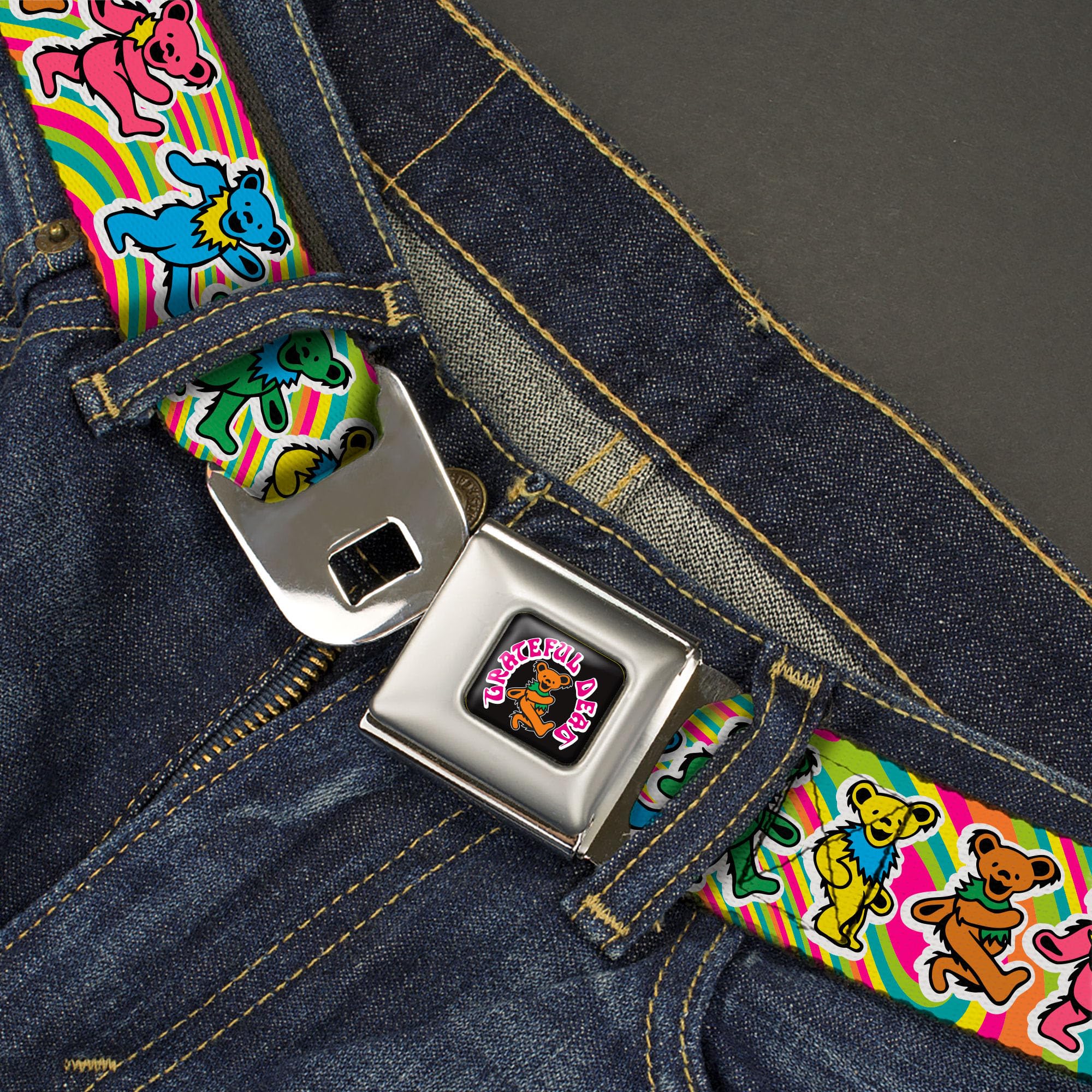Grateful Dead Belt, Seatbelt Buckle Belt, Grateful Dead Dancing Bears Swirl Multi Color, Youth 20 to 36 Inches