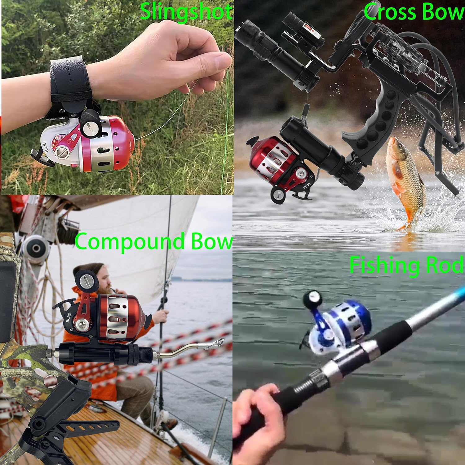 Spincast Bowfishing Reel Slingshot Bow Fishing, Stainless Steel, Left/Right Reversible Handle, 3.6:1 Gear Ratio, Strong Line 5# 45 Yards 0.35mm/50lb