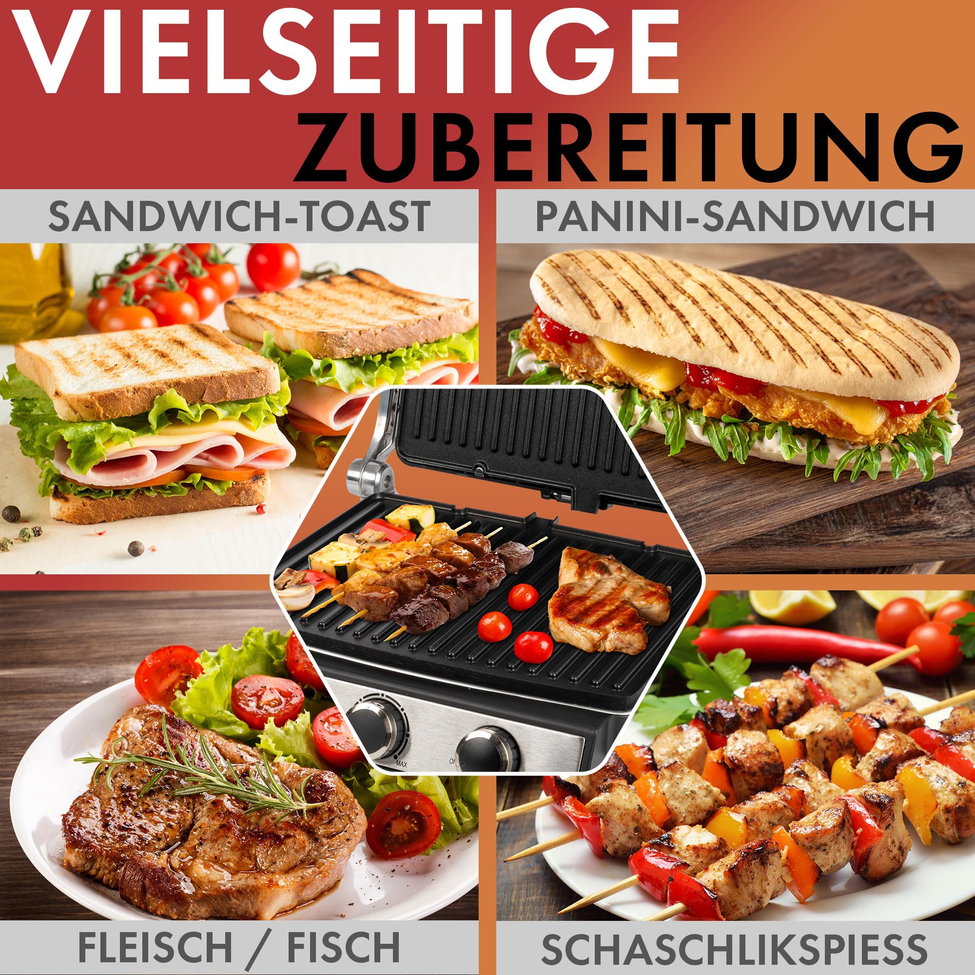 ProfiCook® Kontaktowy Grill Elektryczny do Beztłuszczowego Grillowania Panini, Steków, Tostów | Bezstopniowo Regulowany Termostat | Otwór 180° | 2000 W