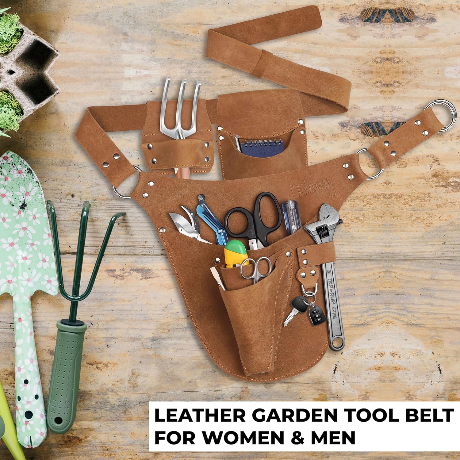 Leather Garden Tool Belt for Men Women | Gardening Tool Pouch | Gardener Apron | Holster Pouch | Tool Belt Bag Organizers | Florist Belt, Electrician, Carpenter, Framer, Landscaper