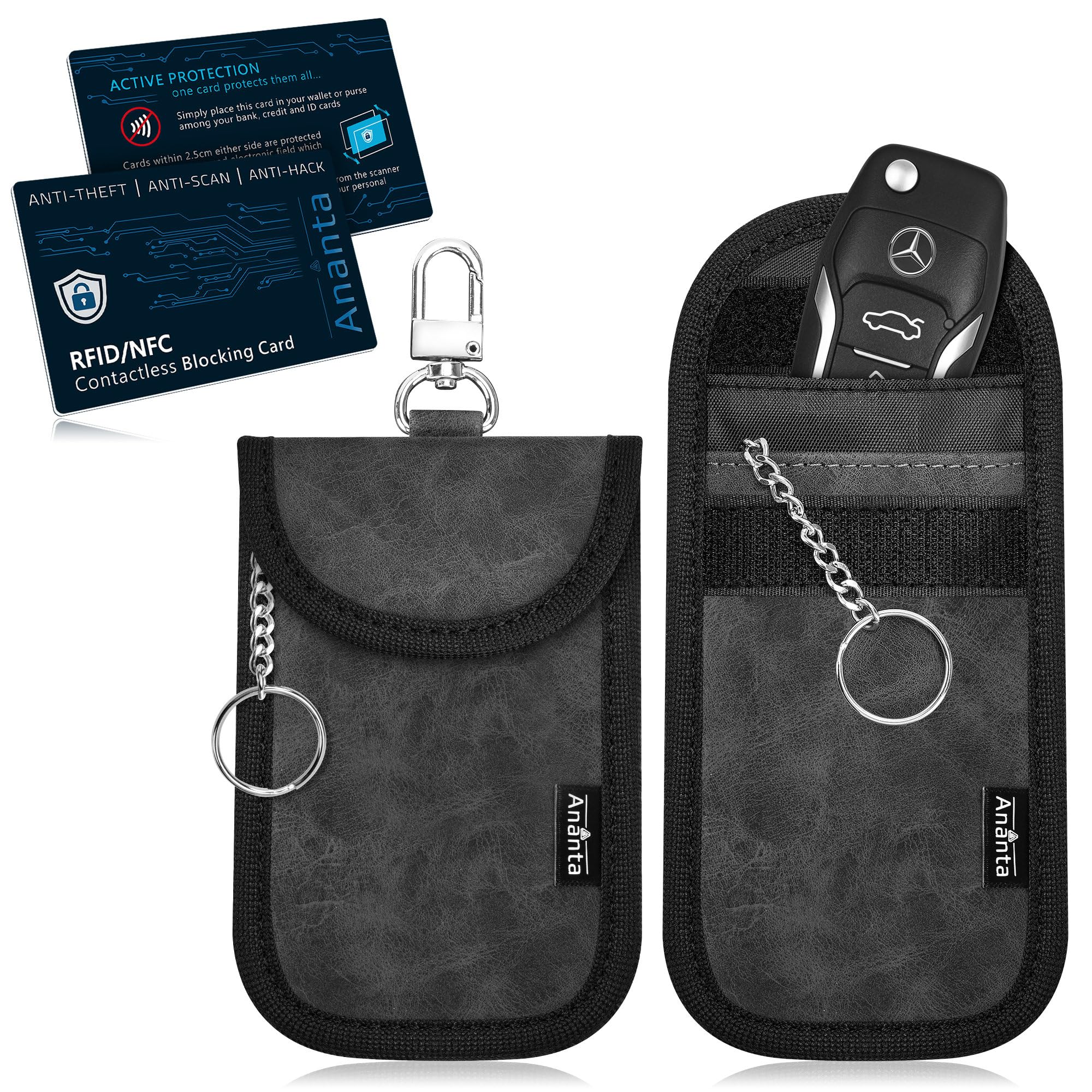 Ananta Faraday Pouch for Car Keys, 2 Pack Faraday Bag Plus 2 x RFID/NFC Contactless Blocking Cards, Best for RFID Car Key Signal Blocker, Anti-Theft Keyless Entry Car Remote Security Car Accessories