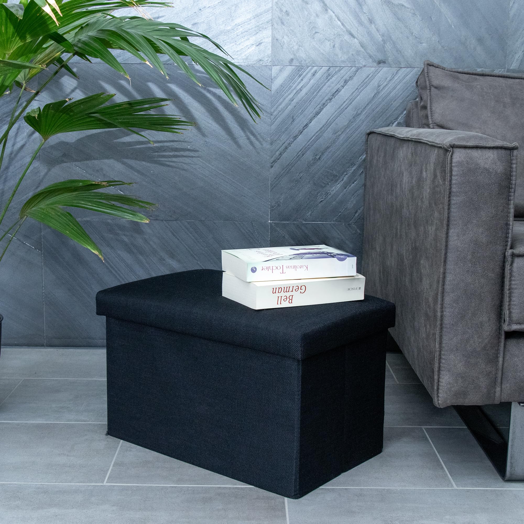 INTIRILIFE Panca pieghevole 49x30x30cm in BLACK - Cubo di seduta in tessuto con vano portaoggetti e coperchio in look lino - Cubo di seduta poggiapiedi pieghevole con cassetto portaoggetti - Sgabello