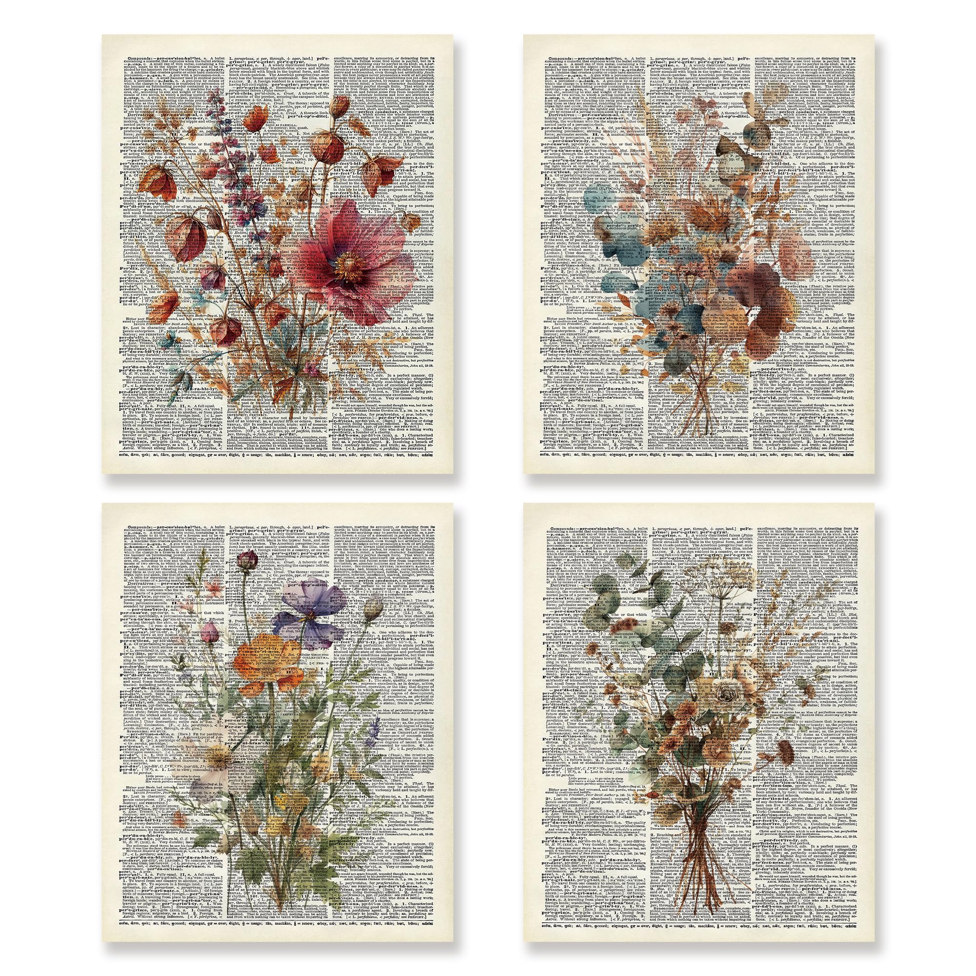 KSDUT Retro Floral Wall Art Decor Set of 4 -Vintage Wildflower Artwork Poster Rustic Botanical Flowers Wall Decor for Living Room Bedroom Office