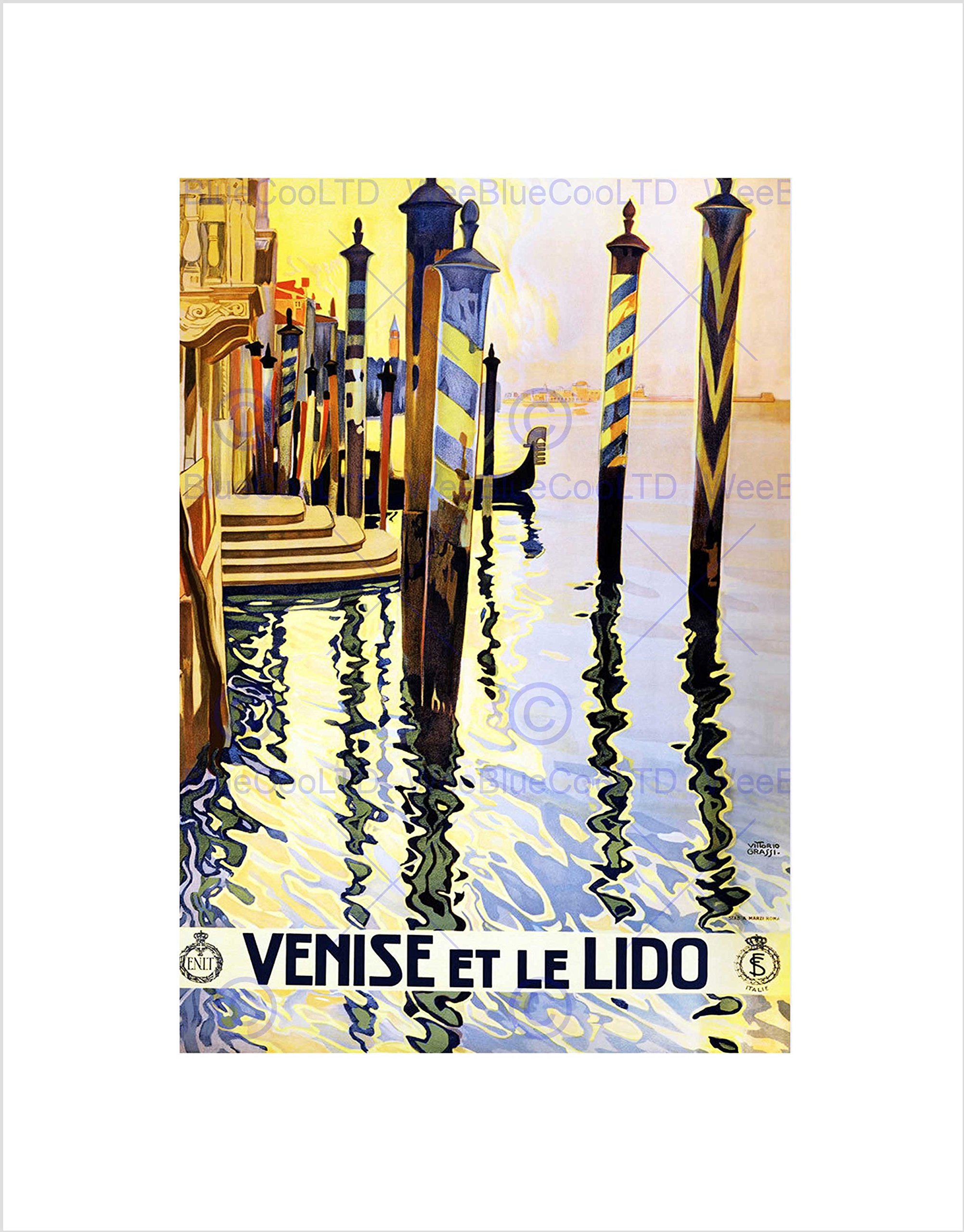 Wee Blue Coo TRAVEL VENICE ITALY CANAL GONDOLA LIDO BATHING VINTAGE ADVERT ART PRINT B12X1760