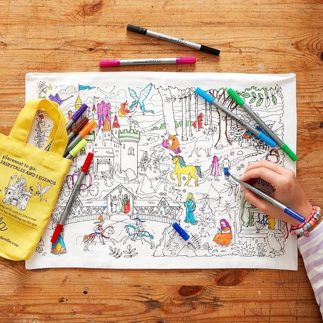 eatsleepdoodle Colouring Placemat for Kids w/ 10pk Washable Markers for Kids - 33x47cm Fairytale Colouring Placemat - Ultra Washable & Reusable Arts and Crafts for Kids