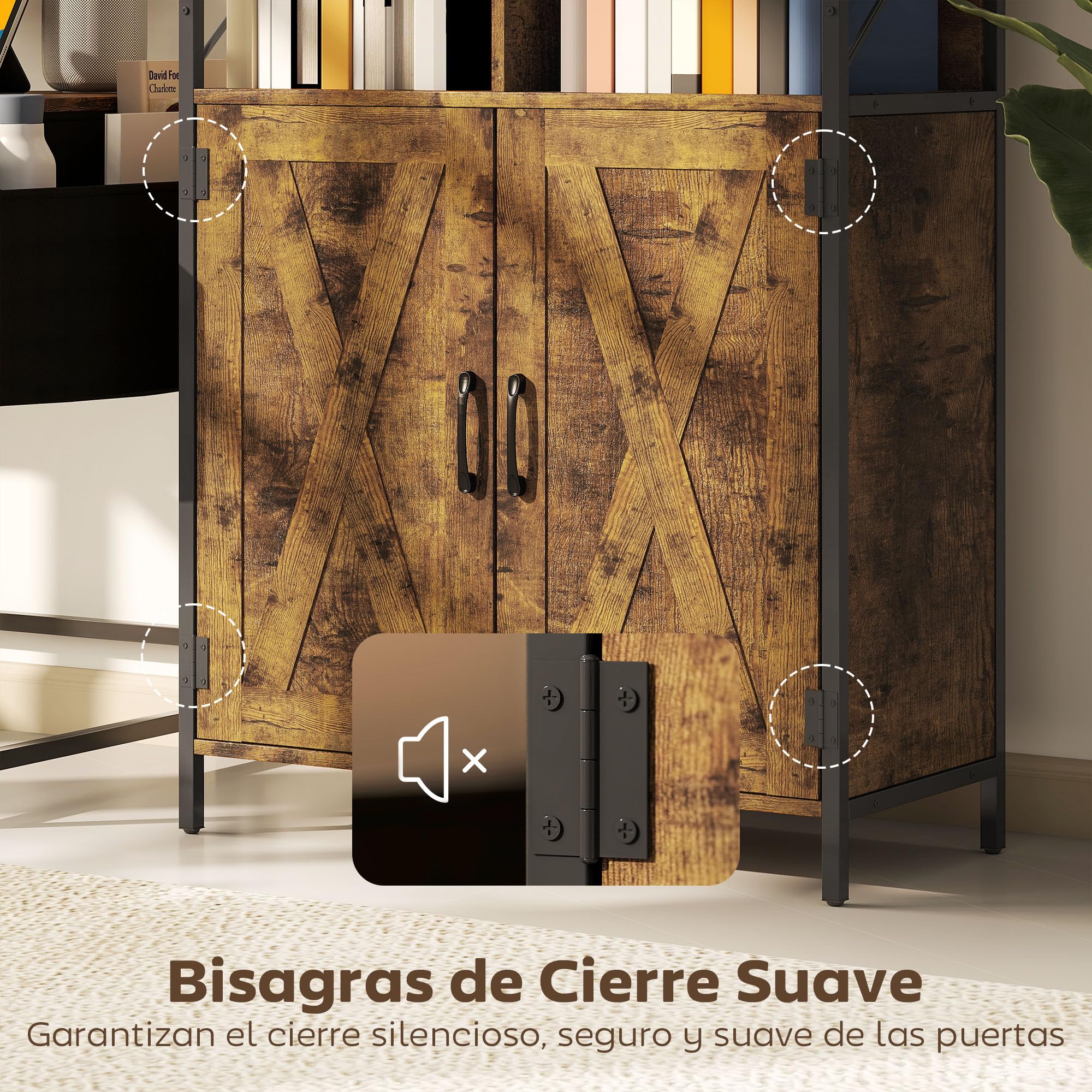 HOMCOM Librería de 6 Niveles Estilo Industrial 75x34x172 cm Marrón Rústico | Estantería de Libros Organizador, 6 Compartimentos Abiertos, 2 Puertas, Estante Ajustable, Salón Oficina Dormitorio