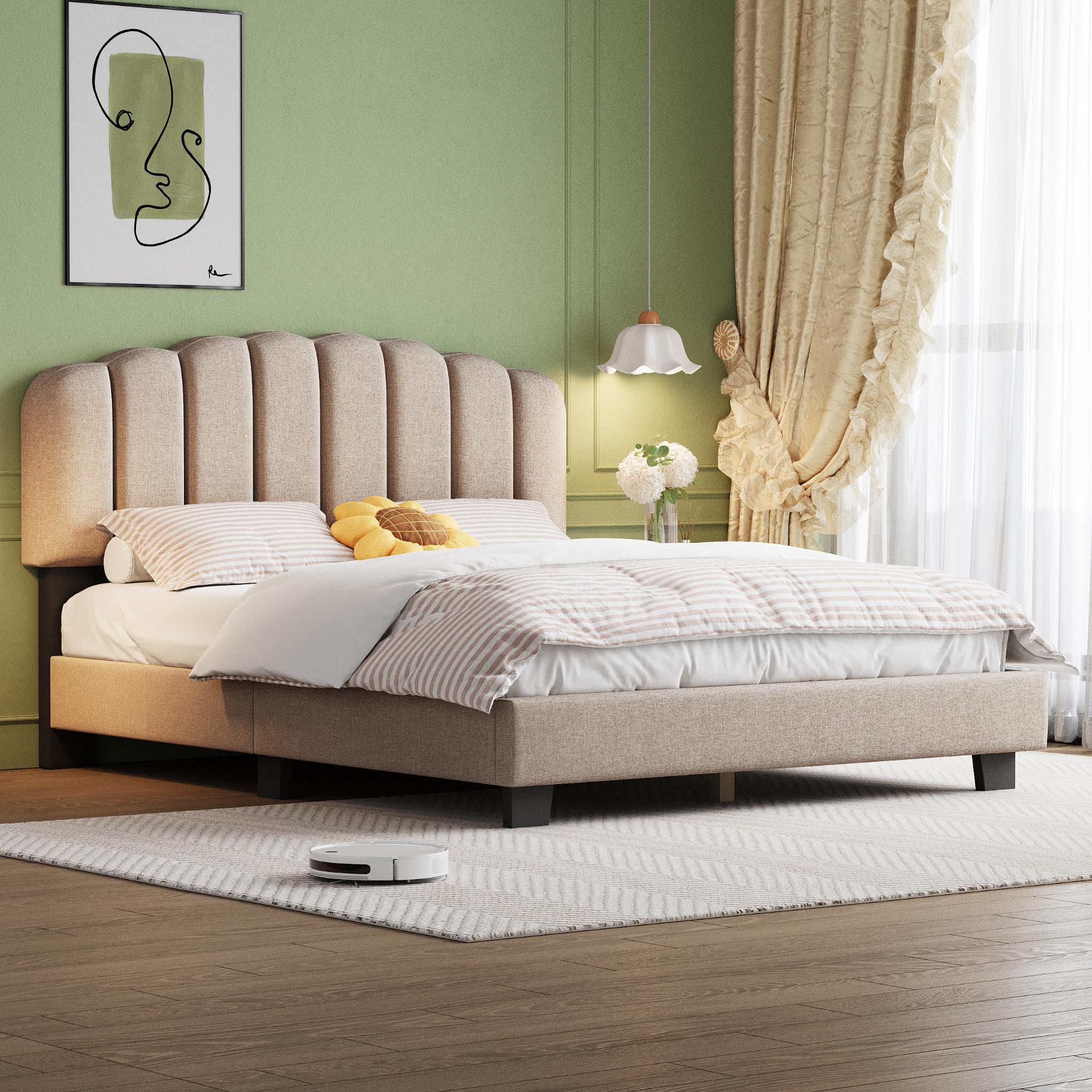 Letto imbottito 140 x 200 cm, letto con rete a doghe (senza materasso), testiera regolabile, in lino, stile minimalista beige scuro