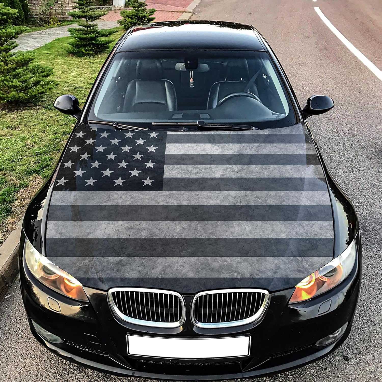 Weathered American Flag Car Hood Wrap – Custom Vinyl Graphic Decal for Cars, Trucks & SUVs – Glossy Laminated Vinyl