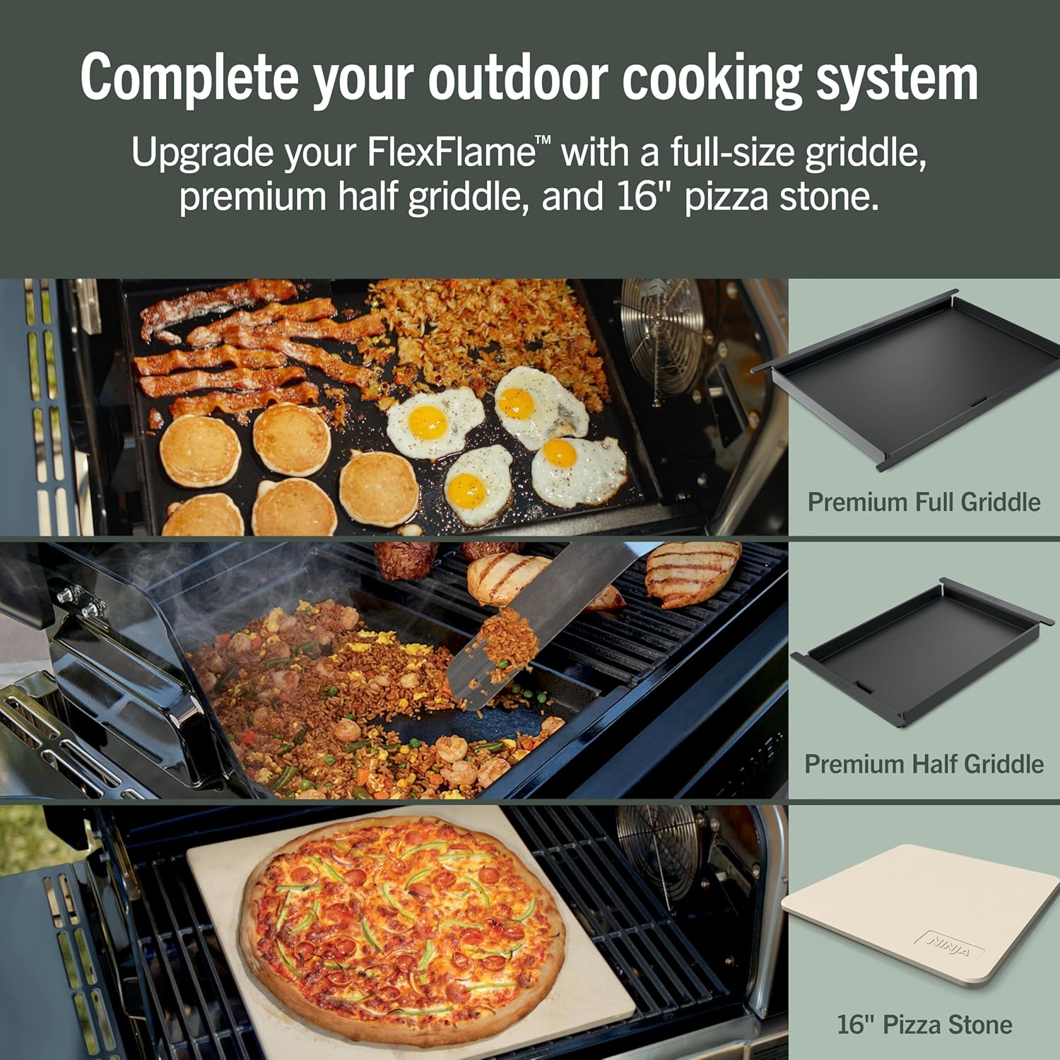 Ninja FlexFlame Grill and Smoker | Electric and Propane Grill, Roaster, BBQ Grill | 5-in-1 Cooking System | 3 Burner | Digital Control | Outdoor Cooking, Griddle, Pizza Maker | Green | PG301GN