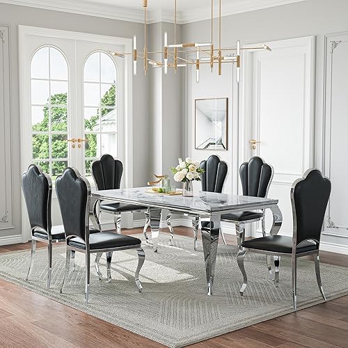 Vista 32 de Juego de mesa de comedor de mármol para mesa de cocina de mármol sintético blanco de 6,70 pulgadas y sillas de terciopelo para 6,7 piezas de mesa