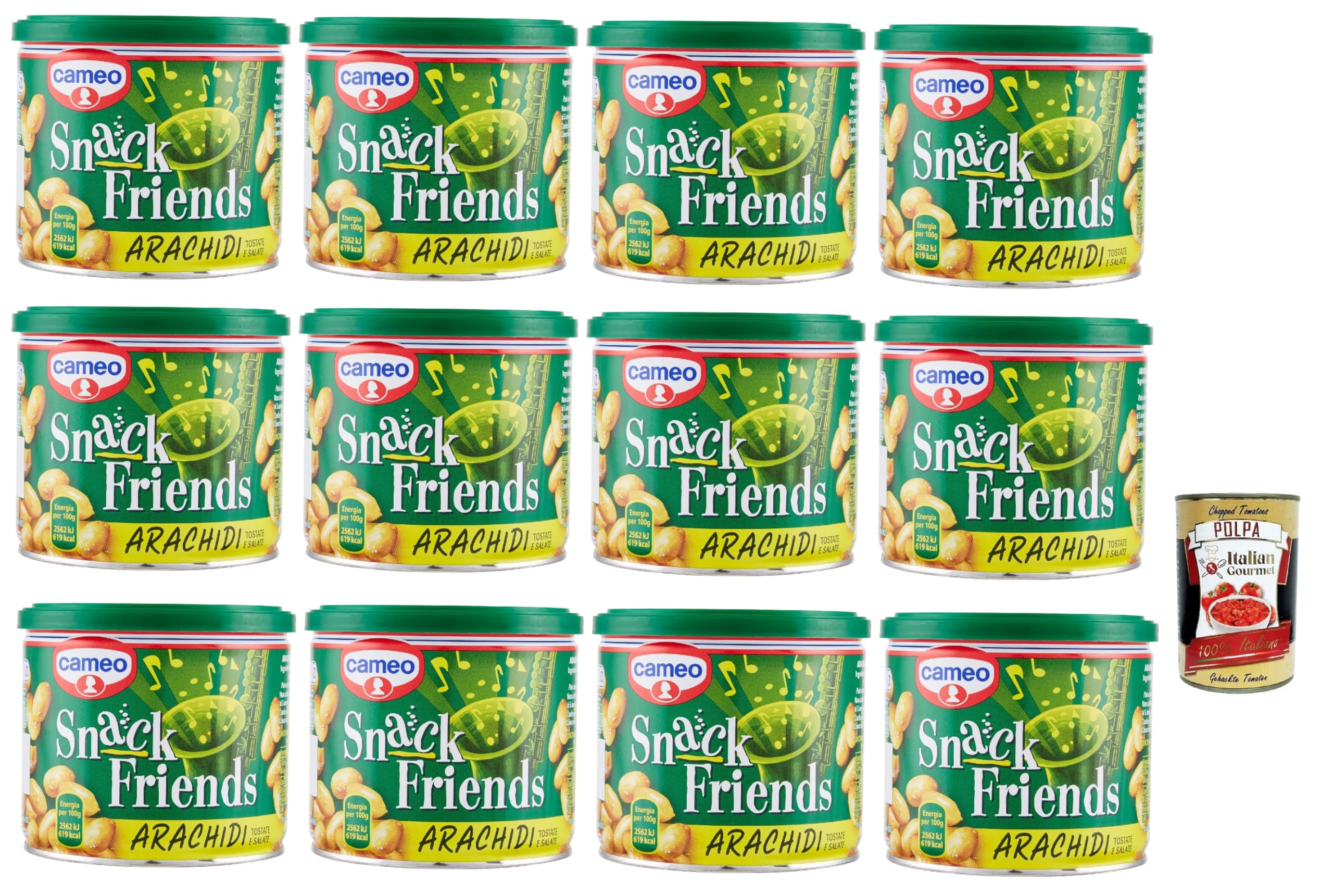 Italian Gourmet Snack Friends Arachidi Snack geröstet salzig 12 x 200g | Croccanti e saporite, vegan, ohne Palmöl, praktische Dose mit Deckel für, Gesamtnettogewicht 2,4 kg + Kostenlos Polpa 400g