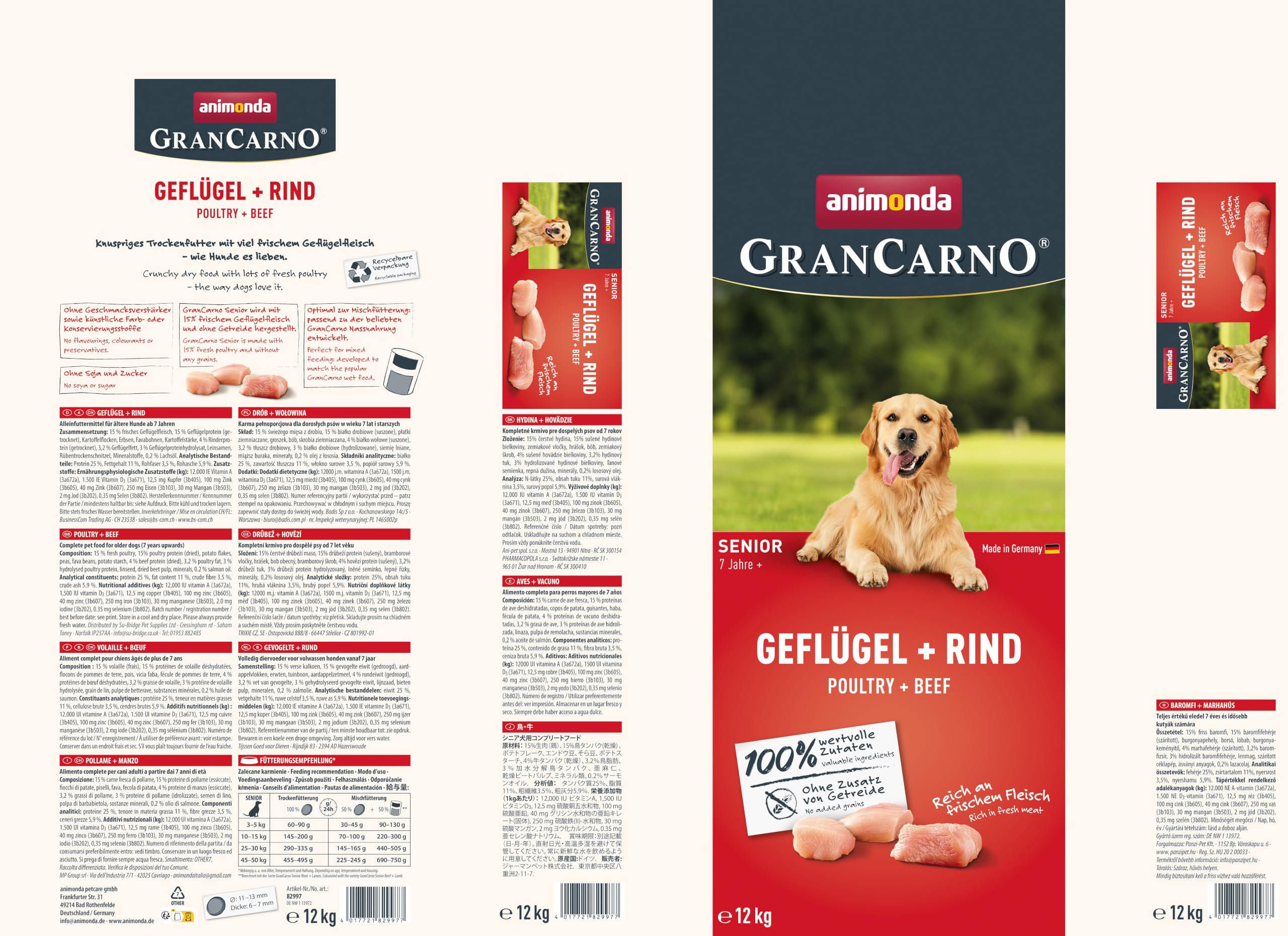 animonda Grancarno Senior sucha karma dla psów, bez zbóż, drobiu + wołowiny (1 x 12 kg), sucha karma dla starszych psów, bez glutenu i pszenicy, sucha karma dla psów, wysoka skuteczność