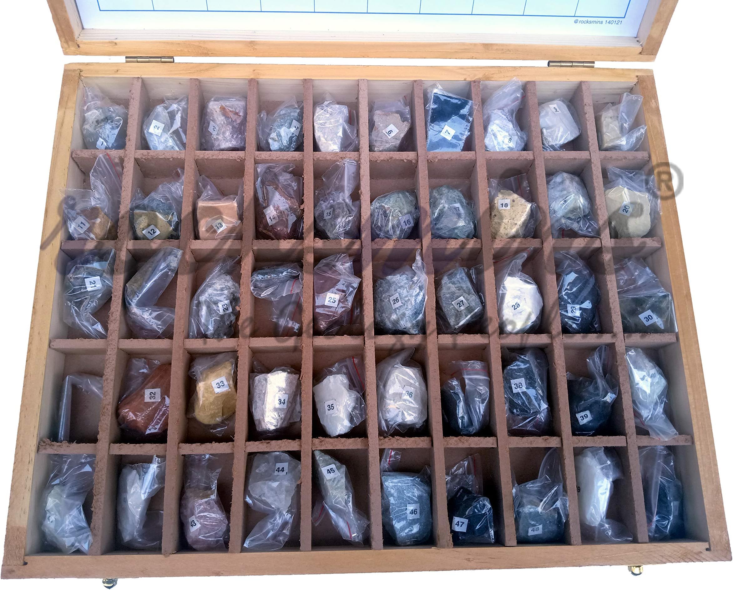 Rocksmins Collection of 50 Minerals MI50WB in Wooden Box Set of 50 Handpicked Big Mineral Specimen for Students School College Education Rocks Geology Kits ideal Study Earth Science & Stones