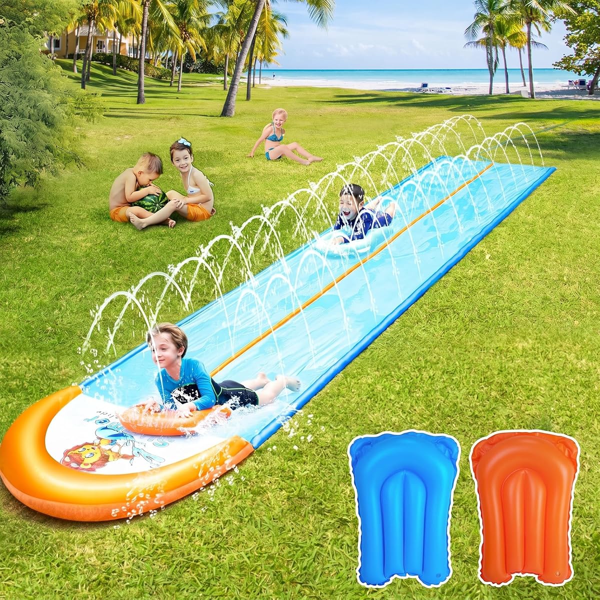 Tobogán acuático y tobogán, toboganes acuáticos de césped extralargos de 22.5 pies para niños adultos, rociadores de verano y juguete acuático para salpicaduras de patio trasero de carreras de doble carril, tobogán acuático deslizable XL con tablas de bodyboard inflables, juguete de jardín