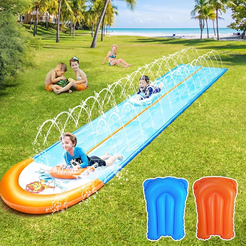 Tobogán acuático y tobogán, toboganes acuáticos de césped extralargos de 22.5 pies para niños adultos, rociadores de verano y juguete acuático para salpicaduras de patio trasero de carreras de doble carril, tobogán acuático deslizable XL con tablas de bodyboard inflables, juguete de jardín