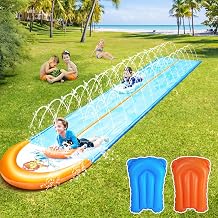 Slip Water and Slide, 22.5ft Extra Long Lawn Water Slides for Kids Adults, Double Lanes Racing Backyard Summer Sprinkler and Splash Water Toy, XL Slip Waterslide with Inflatable Bodyboards Garden Toy