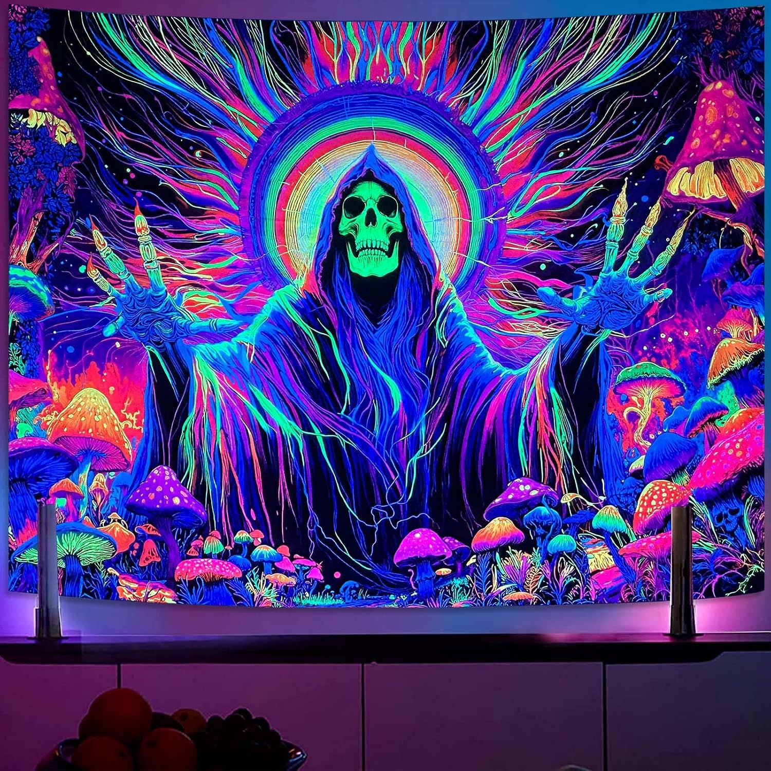Spenlife Blacklight Skeletal Mage Mushroom Tapestry, UV Reactive Vibrant Fantasy Wall Tapestries for Room Decor, Unique Home Decor Tapestry 80L x 60W