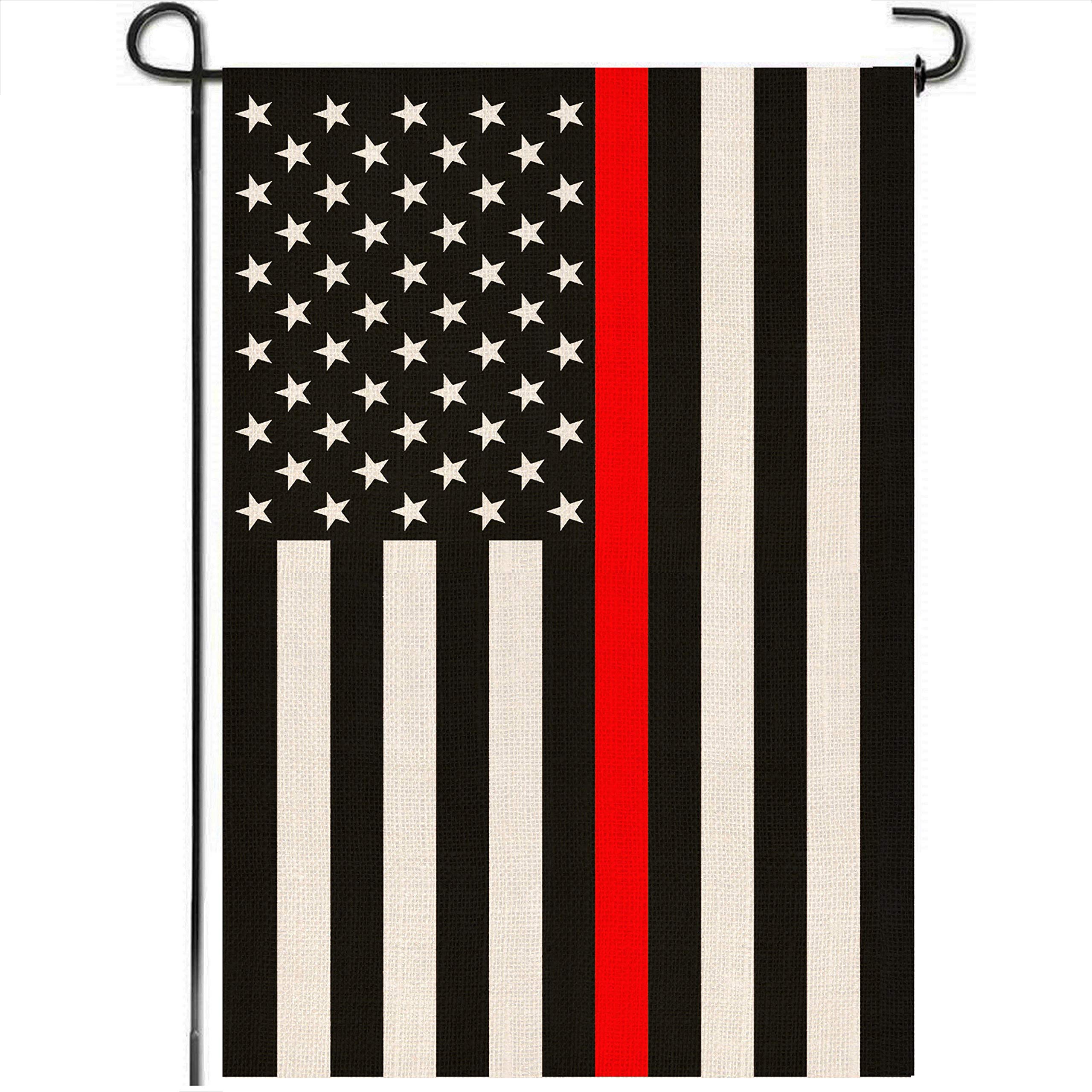 Mogarden USA Thin Red Line Garden Flag, Double Sided, 12.5 x 18 Inches, Support American Fire Dept Firefighters, Premium Burlap Patriotic USA Small Yard Flag with Red Stripe
