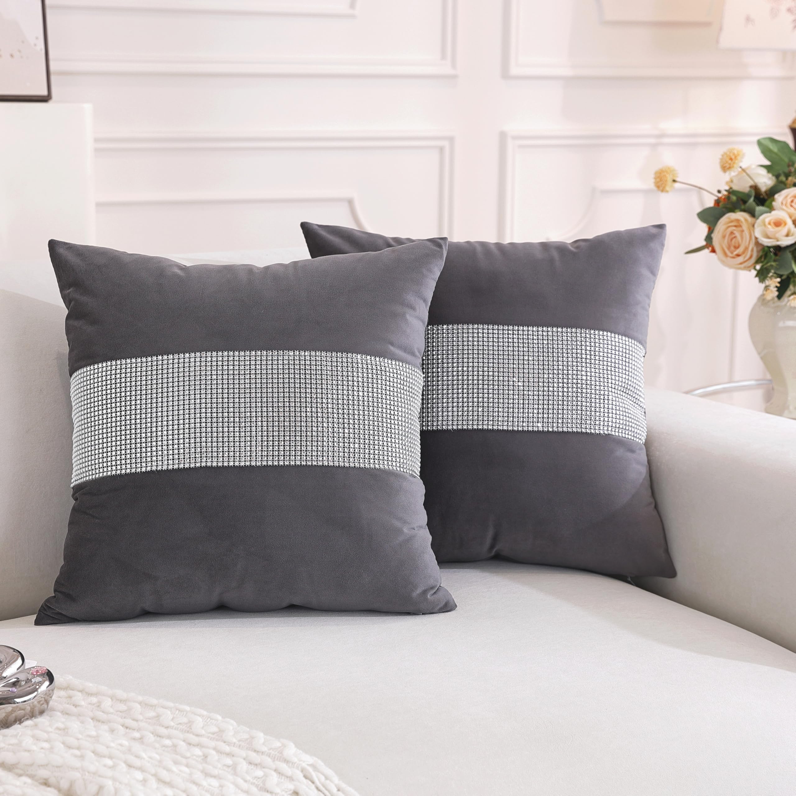 TAOSON Pack of 2, Luxury Grey Matching Sequin Patchwork Velvet Throw Pillow Cover with Silver Sequined Rhinestone Cushion Case Square Pillowcase for Sofa Couch Bedroom Living Room Home,18x18 inch