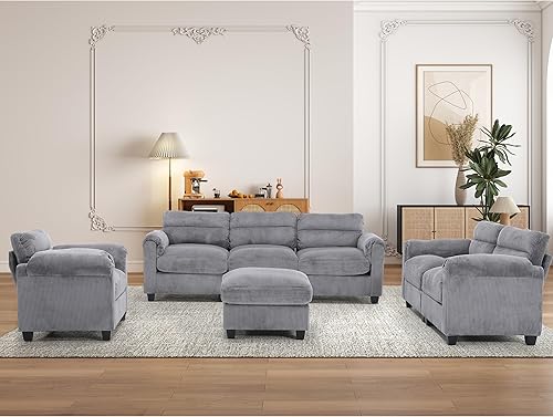 Miniatura 44 de Juego de sofá de pana, otomana tapizada, sofá de dos plazas y sofá de 3 plazas con cojines mullidos y brazos redondeados, juegos de muebles modernos