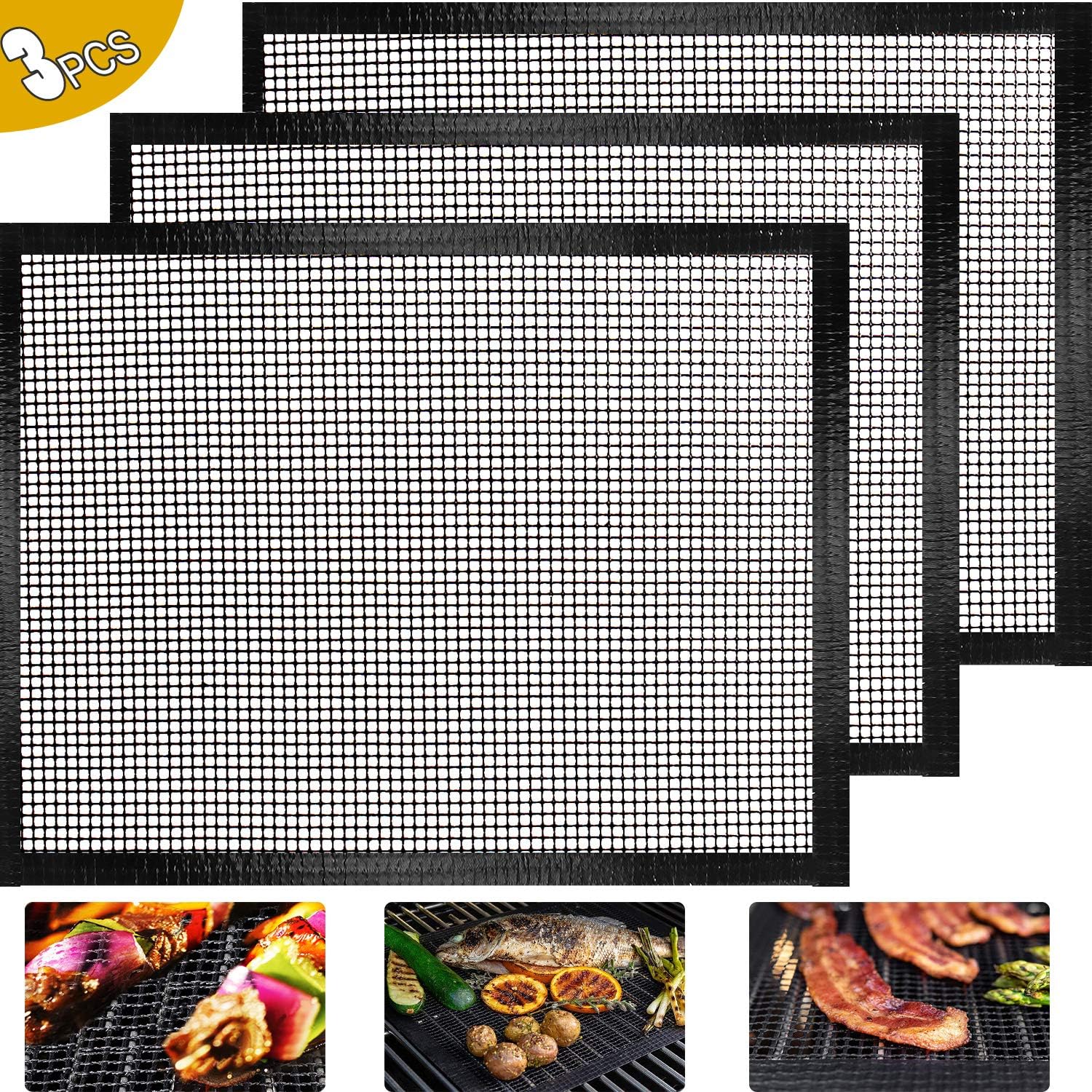 ODSPTER BBQ Grill Mat, Set of 3 Non Stick Grill BBQ Baking Mesh Mats for Gas, Charcoal, Oven and Electric Grills, FDA Approved Reusable (43x30)