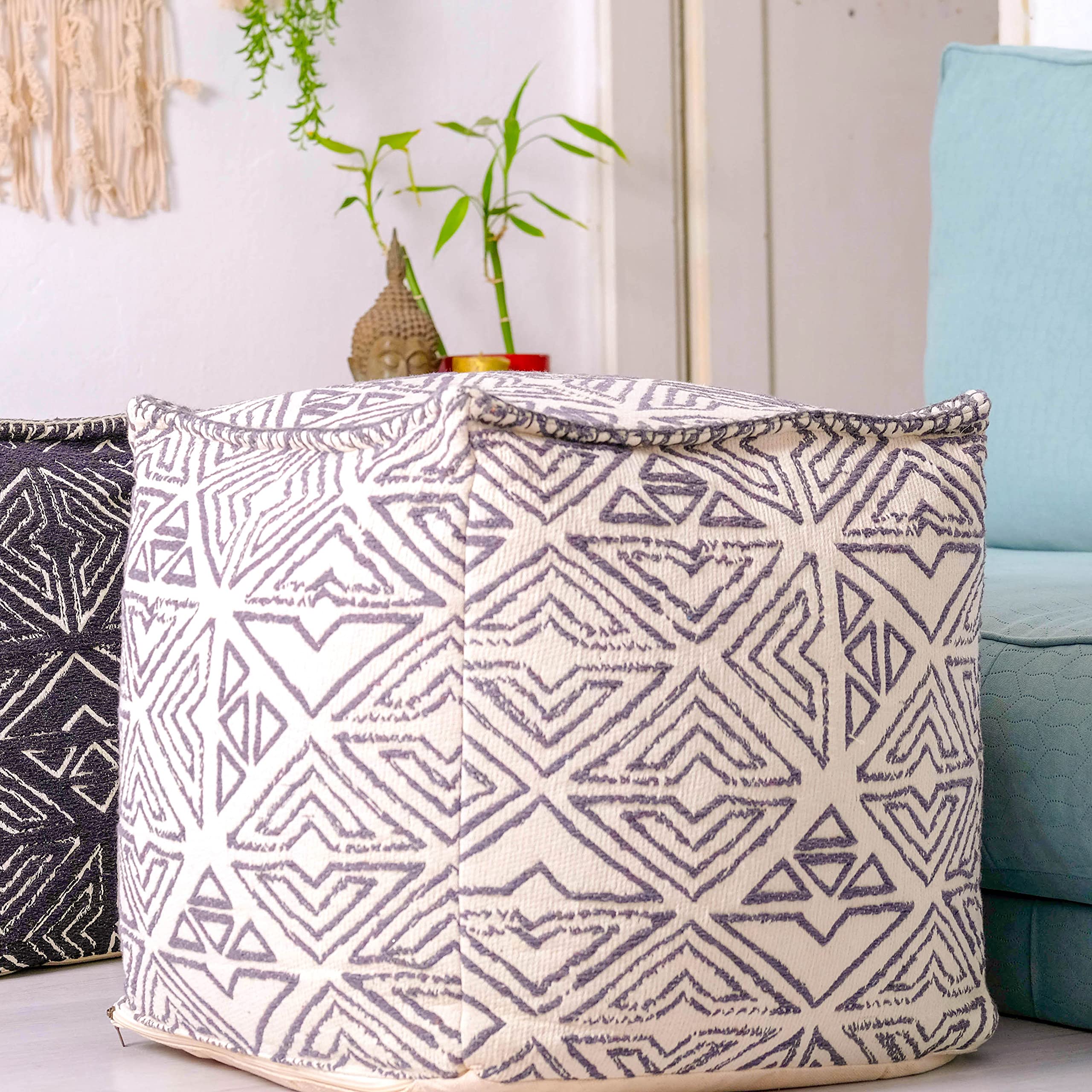 Mandala Life ARTWhite Cube Pouf Ottoman Cover- 20x20x20 inches –Vintage Stool Floor Pillow Cushion Bean Bag for Seating Area Living Room